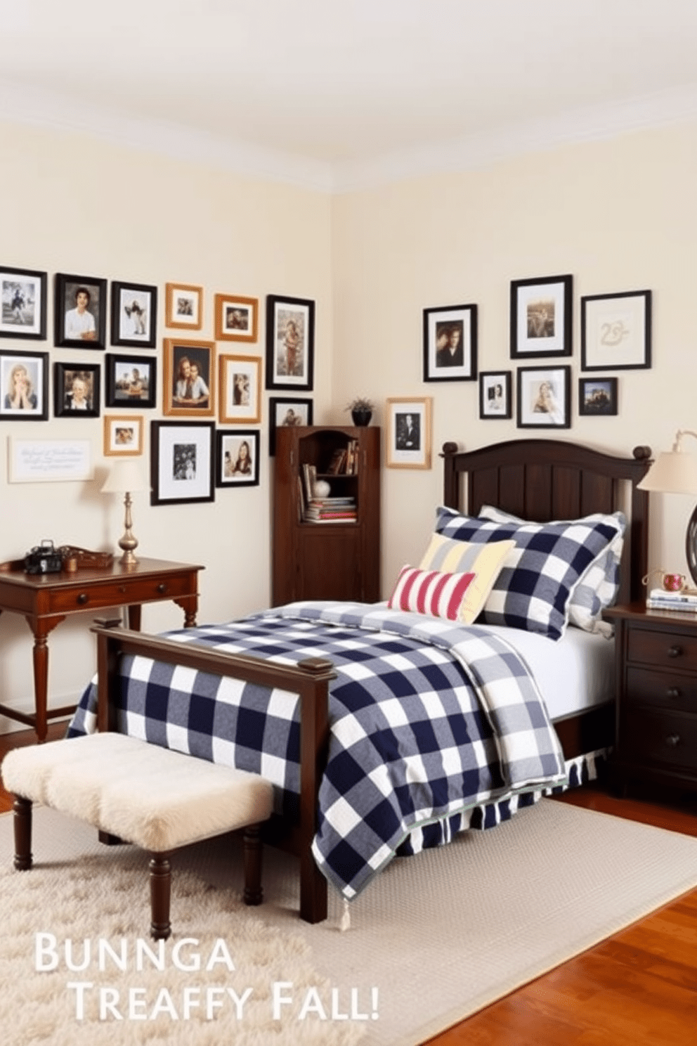 A classic preppy style teen bedroom features a cozy bed dressed in navy and white plaid bedding. The walls are painted a soft cream color, complemented by dark wood furniture and a vintage desk in the corner. A gallery wall displays framed artwork and photographs in coordinating colors, adding a personal touch. A plush area rug in a subtle pattern anchors the space, while colorful throw pillows add pops of brightness to the room.