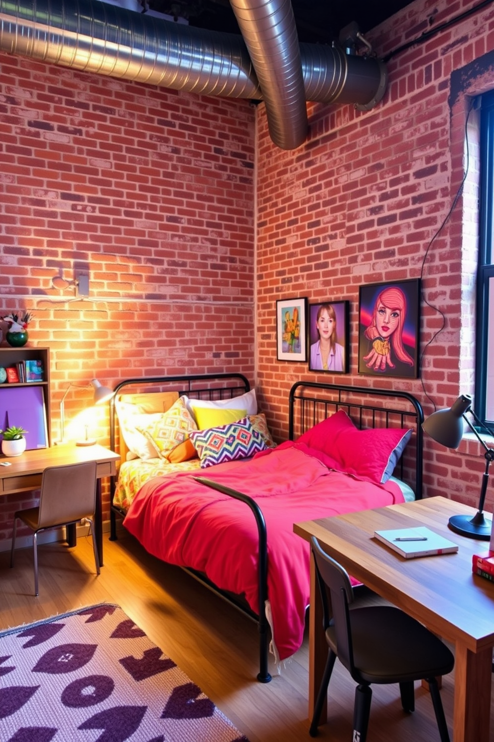 A trendy urban loft style teen bedroom features exposed brick walls that add character and warmth. The space is adorned with industrial-style furniture, including a metal bed frame and a reclaimed wood desk. Bright, colorful accents such as vibrant bedding and wall art create a lively atmosphere. A cozy reading nook with a plush bean bag chair is nestled in one corner, inviting relaxation and creativity.