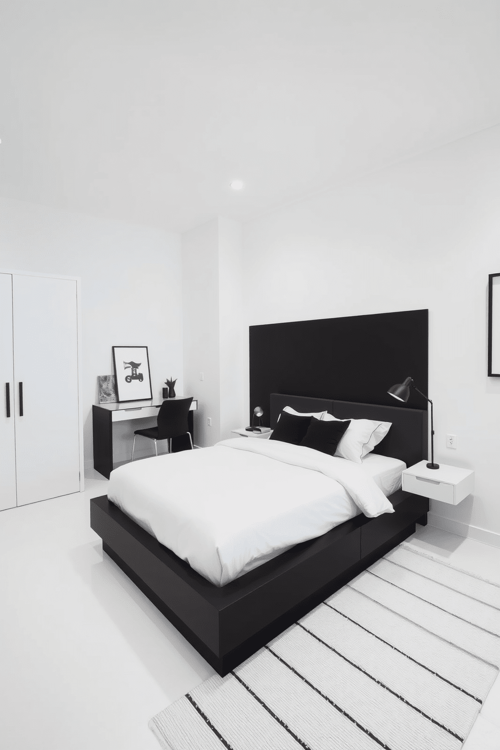 A minimalist black and white themed teen bedroom features a sleek platform bed with a black frame and crisp white bedding. The walls are painted in a soft white hue, while a black accent wall adds depth to the space. A simple desk with clean lines sits against one wall, paired with a modern black chair. Decorative elements include a monochrome rug and minimalist artwork that enhances the overall aesthetic without overwhelming the room.