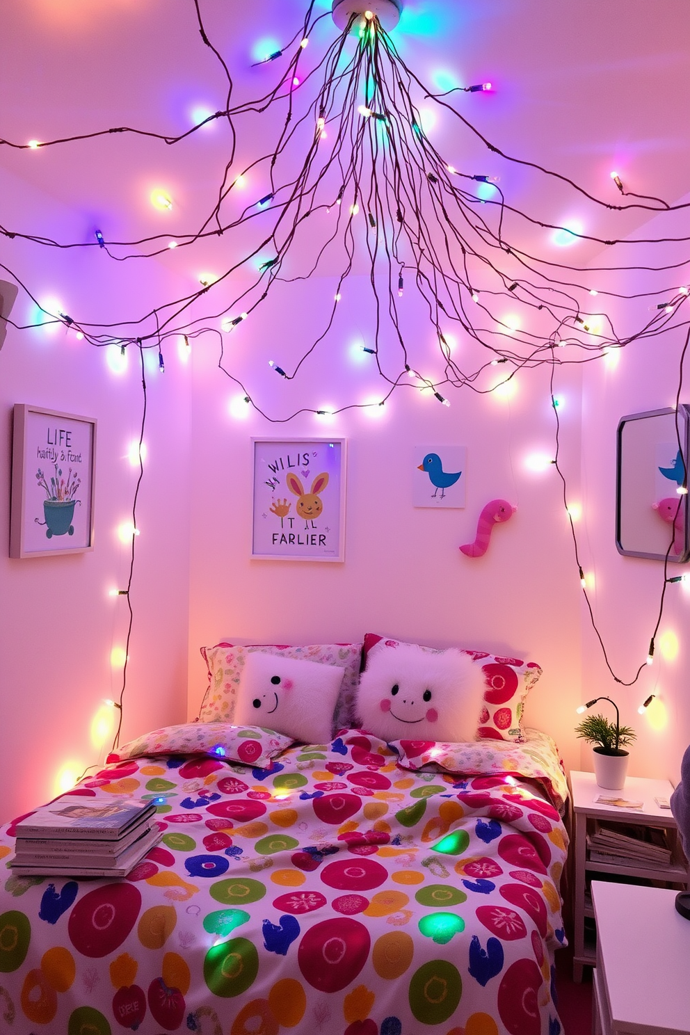 A whimsical teen bedroom filled with fairy lights draped across the ceiling creating a magical atmosphere. The walls are painted in soft pastel colors and adorned with playful wall art that reflects the teenager's personality. A cozy bed is covered with a vibrant, patterned comforter, surrounded by fluffy pillows in various shapes and sizes. A bedside table holds a stack of books and a small potted plant, while colorful string lights illuminate the space.