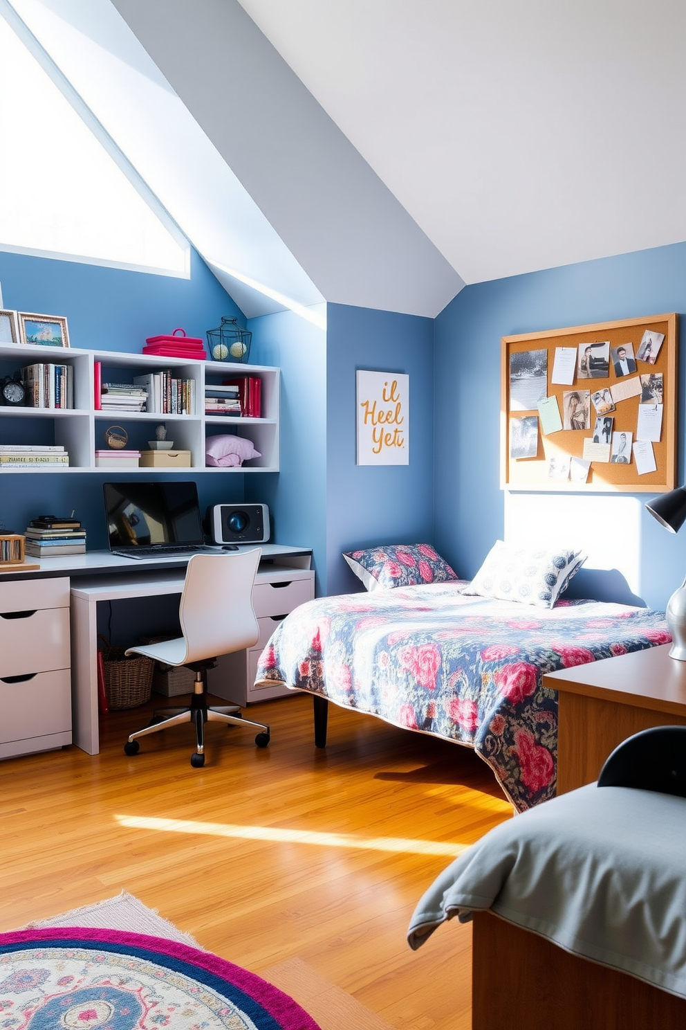 A stylish teen workspace features a modern desk with a sleek chair, positioned near a large window that allows natural light to flood the area. The walls are painted in a calming blue hue, and shelves filled with books and decorative items create an organized study area. In the teen bedroom, a cozy bed with a colorful duvet is complemented by a matching rug on the hardwood floor. A bulletin board adorned with photos and notes hangs above the nightstand, adding a personal touch to the space.