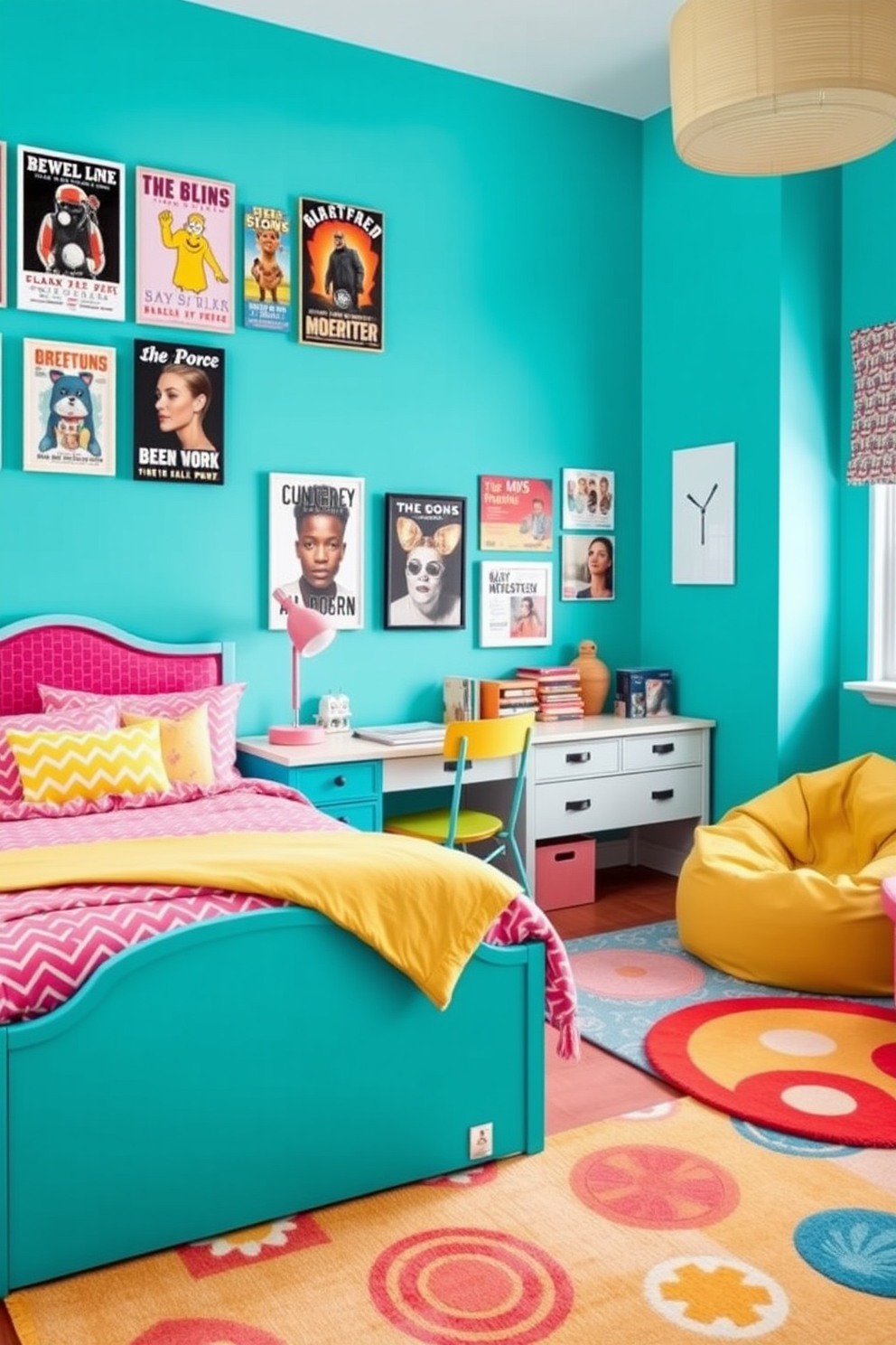 A bright and cheerful teen bedroom filled with bold colors. The walls are painted a vibrant turquoise, and the bedding features a mix of patterns in pink and yellow. A stylish desk area with a colorful chair sits against one wall, complemented by a gallery of framed posters above. A cozy reading nook with a bean bag chair and a colorful rug adds a playful touch to the space.