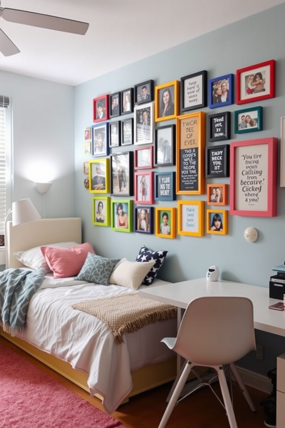 A personalized gallery wall filled with framed photos and artwork creates a unique focal point in a vibrant teen bedroom. The wall features a mix of sizes and styles, showcasing cherished memories and favorite quotes in colorful frames. The bedroom is designed with a cozy bed adorned with plush pillows and a soft throw blanket. A stylish desk area is included, featuring a modern chair and ample storage for school supplies and creative projects.