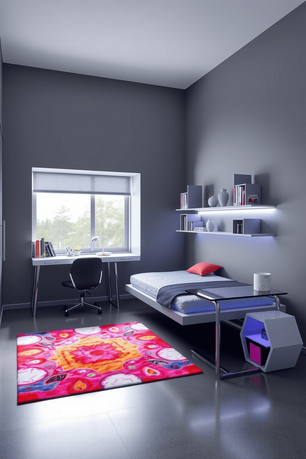 A futuristic teen bedroom design featuring sleek lines and a minimalist aesthetic. The walls are painted in a cool gray tone, complemented by a floating bed with integrated LED lighting. A modular desk with a glass top and chrome legs sits against one wall, providing a space for study and creativity. A vibrant area rug adds a pop of color, while geometric shelving units display books and personal items.