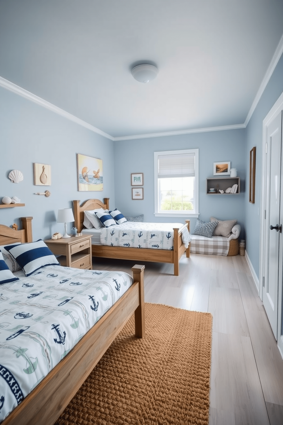 A bright and airy teen bedroom designed with a coastal theme. The walls are painted in a soft blue hue, and the bedding features a nautical pattern with shades of white and navy. A wooden bed frame with a weathered finish is complemented by a woven jute rug on the light hardwood floor. Beach-themed artwork and seashell decor adorn the walls, while a cozy reading nook by the window is filled with plush cushions and a small bookshelf.