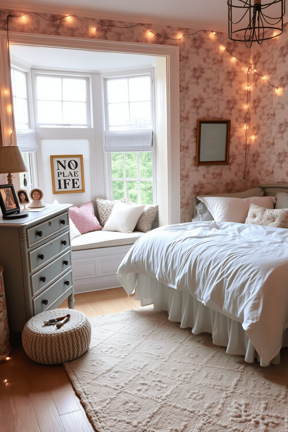 A cozy cottage-style teen bedroom featuring soft, pastel-colored linens and a comfortable bed with a plush duvet. The walls are adorned with whimsical wallpaper, and a vintage dresser sits beside the bed, topped with personal mementos and a small lamp. A reading nook is created by a window seat filled with cushions, inviting natural light into the space. The floor is covered with a soft area rug, and fairy lights are draped around the room for a warm, inviting atmosphere.