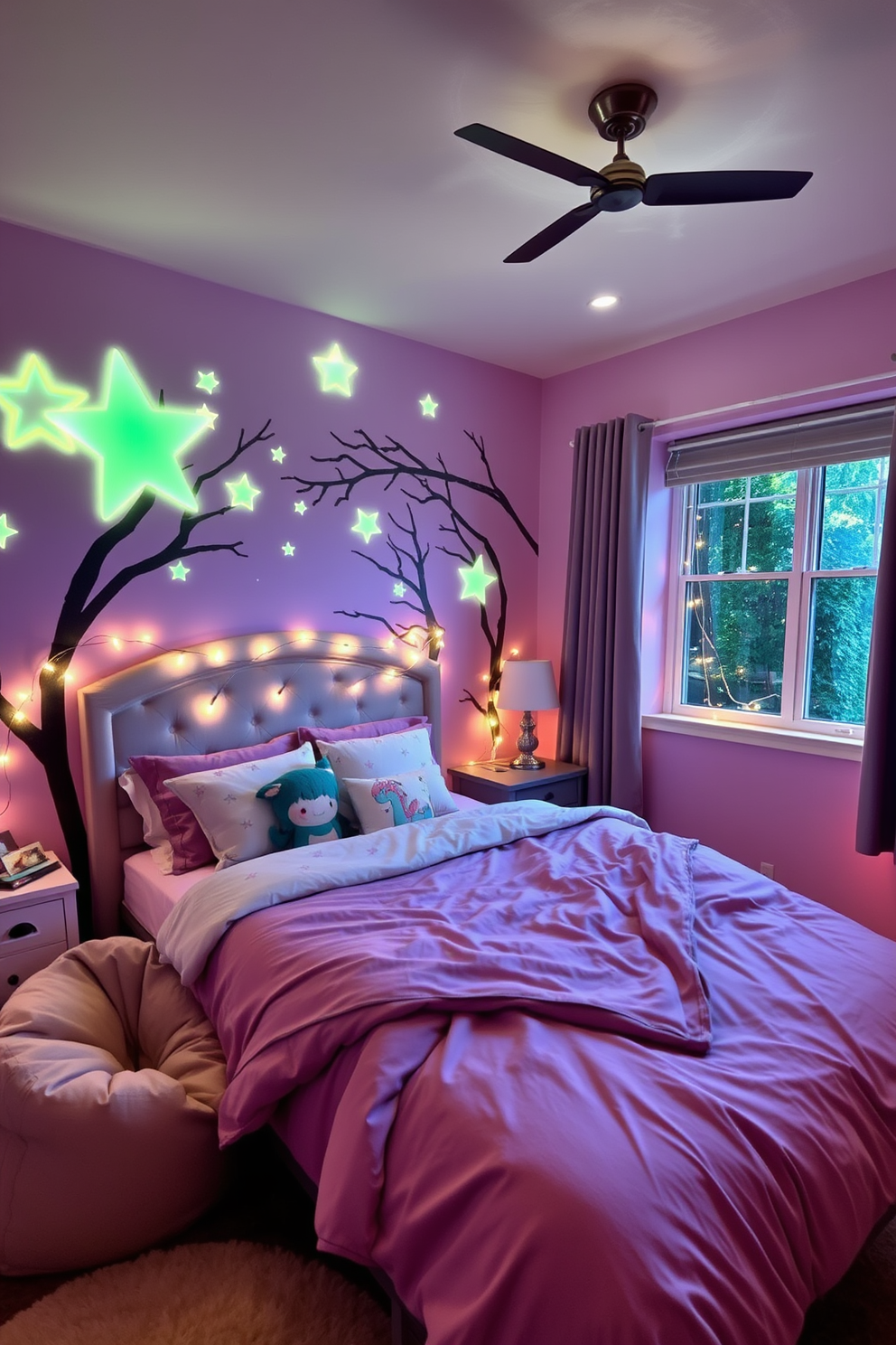 A whimsical teen bedroom infused with a fantasy theme. The walls are painted in soft lavender, adorned with glow-in-the-dark stars and a mural of an enchanted forest. A cozy bed is draped in a celestial-themed comforter, with fluffy pillows featuring mythical creatures. A reading nook with a plush bean bag chair sits by a window, surrounded by twinkling fairy lights.