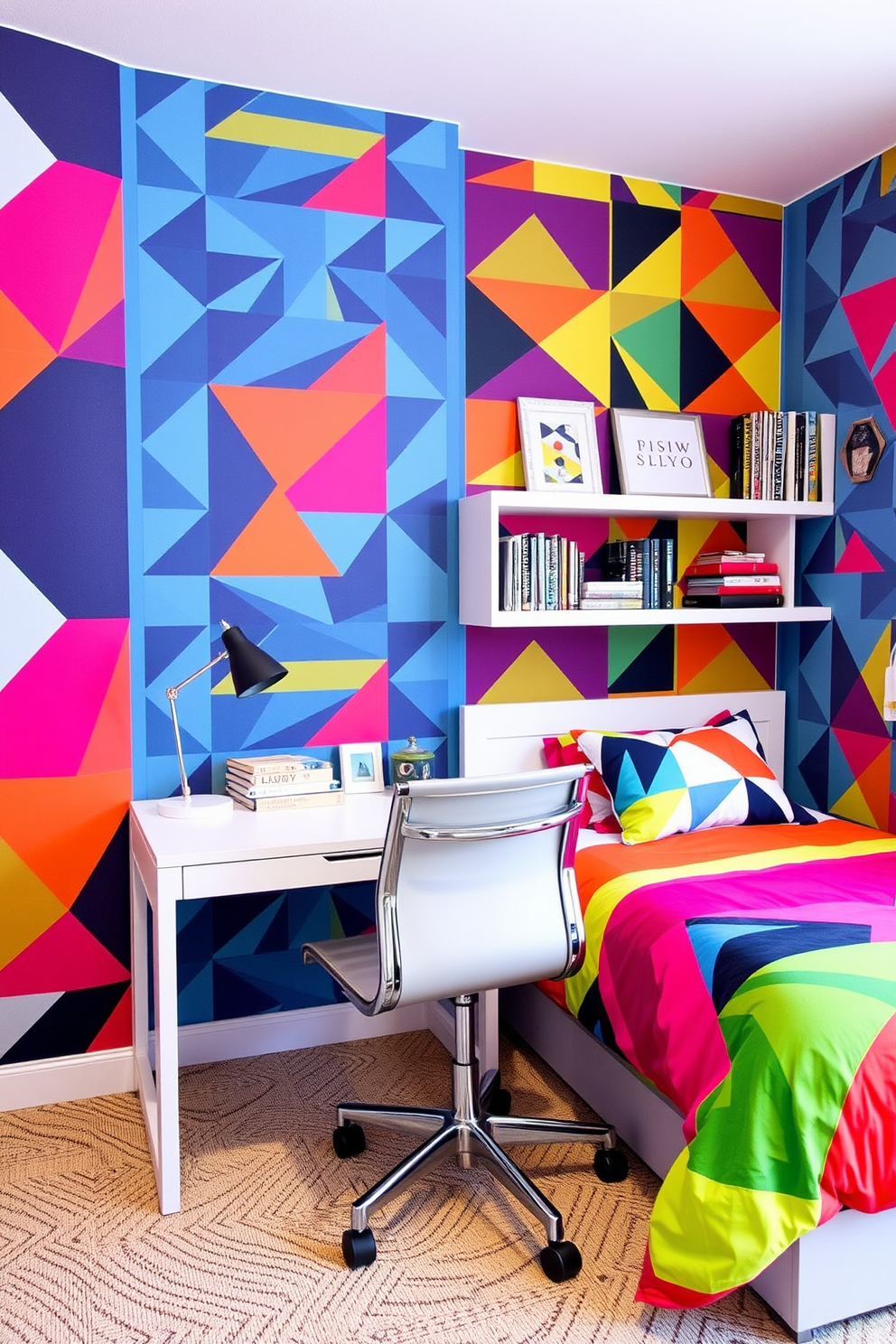 A vibrant teen bedroom featuring bold geometric patterns on the walls. The bedding incorporates bright colors and dynamic shapes, creating a playful and energetic atmosphere. A sleek desk area with a modern chair complements the overall design. Shelves are adorned with books and personal items, adding a touch of personality and creativity.