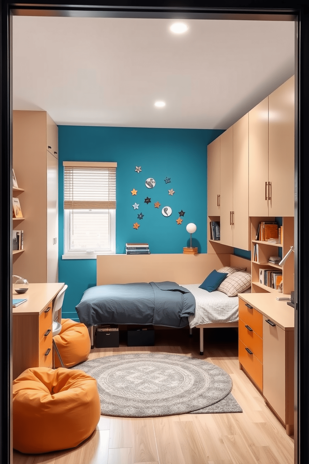 A modern teen bedroom featuring customizable furniture that adapts to various needs. The room includes a modular bed that can be transformed into a sofa during the day, accompanied by a desk that doubles as a study area and a creative workspace. The walls are painted in a vibrant color that reflects the personality of the teen, with wall decals or artwork adding a personal touch. A cozy reading nook is created with a bean bag chair and a small bookshelf, enhancing the room's functionality and style.