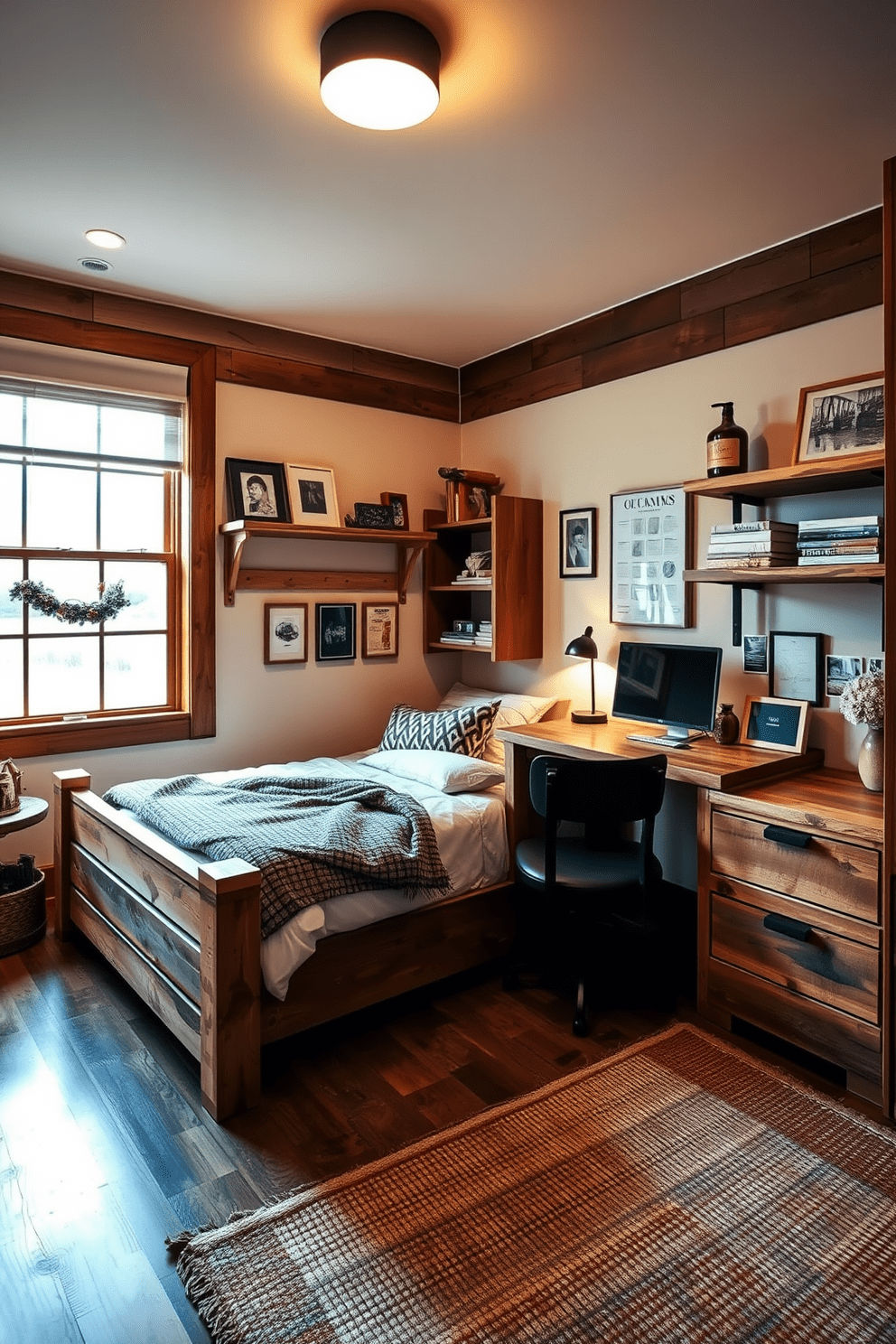 A cozy teen bedroom featuring rustic wood accents throughout the space. Warm lighting creates an inviting atmosphere with a wooden bed frame and shelves adorned with personal items. The walls are painted in a soft neutral tone, complemented by a textured area rug. A stylish desk made of reclaimed wood sits by the window, providing a perfect study nook.