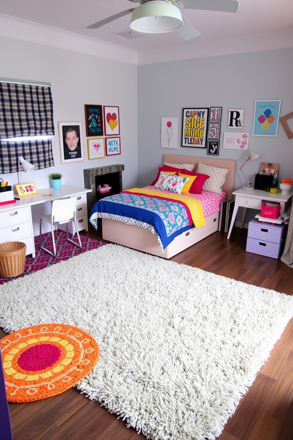 A cozy teen bedroom featuring layered rugs for added comfort. The base layer is a large, soft area rug in a neutral tone, topped with a vibrant, patterned smaller rug that adds a pop of color. The room is adorned with a stylish bed dressed in colorful linens and surrounded by playful wall art. A study desk with trendy accessories complements the space, creating an inviting atmosphere for relaxation and creativity.