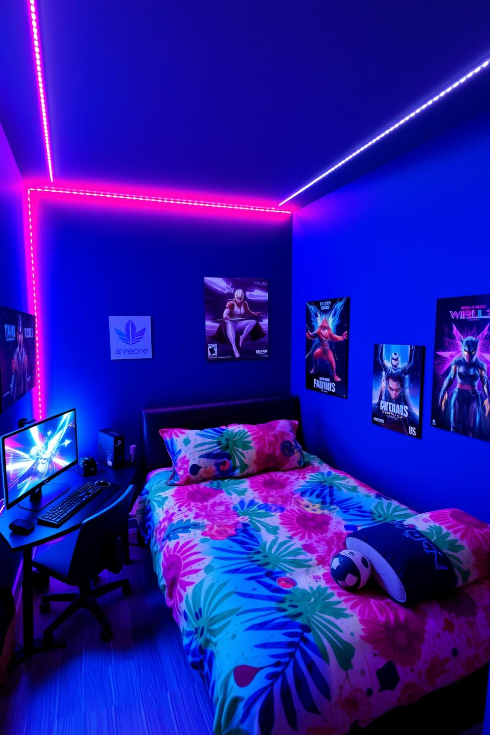 A vibrant gaming corner filled with LED lights creates an immersive atmosphere. The walls are painted in a deep blue shade, and a sleek gaming desk holds a high-end computer setup. A cozy bed with colorful bedding complements the energetic vibe of the room. Posters of popular video games adorn the walls, adding a personal touch to the space.