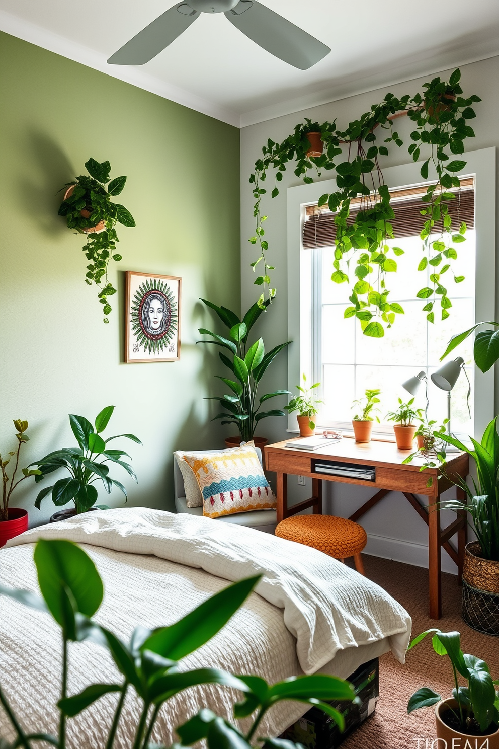 A nature-inspired teen bedroom design featuring an accent wall painted in a soft sage green. Lush green plants are strategically placed throughout the room, creating a calming and refreshing atmosphere. The room includes a cozy bed with a textured white duvet and colorful throw pillows that add personality. A study desk made of reclaimed wood sits by the window, surrounded by potted plants that enhance the natural vibe.