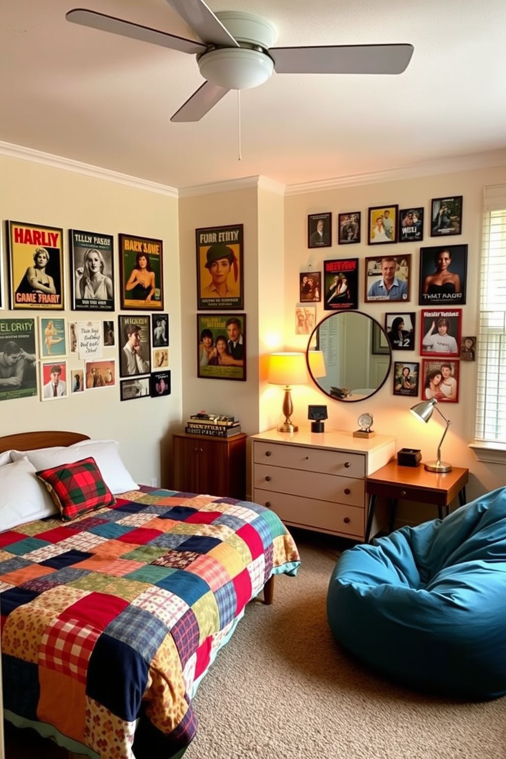 A cozy teen bedroom featuring vintage decor with retro furniture. The room includes a colorful patchwork quilt on a mid-century modern bed and a vintage dresser with a round mirror above it. On one side, a retro bean bag chair invites relaxation, while a small desk with a vintage lamp provides a study area. The walls are adorned with framed posters of classic movies and a gallery of family photos in mismatched frames.