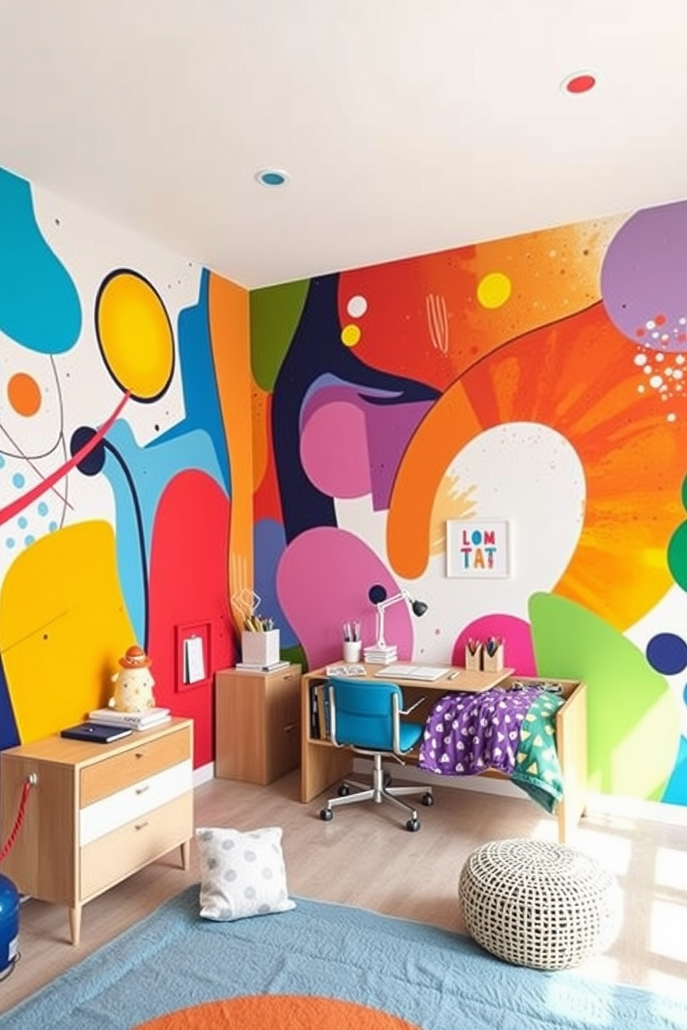 Artistic mural wall featuring vibrant colors and abstract shapes creates an inspiring atmosphere. The room includes a cozy bed with colorful bedding and a desk area for studying, complemented by playful decor elements.