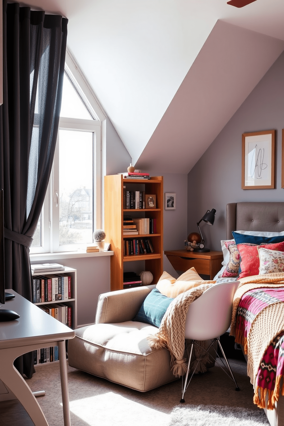 Cozy reading nook with cushions. A plush armchair is positioned next to a large window allowing natural light to flood the space. Soft, colorful throw pillows are scattered across the chair, inviting relaxation. A small bookshelf filled with an array of novels stands nearby, and a warm, knitted blanket drapes over the arm of the chair. Teen Bedroom Design Ideas. The room features a stylish bed with a modern headboard and vibrant bedding that reflects the teen's personality. A study desk with a sleek design is placed against the wall, accompanied by a comfortable chair and decorative wall art that adds a personal touch to the space.