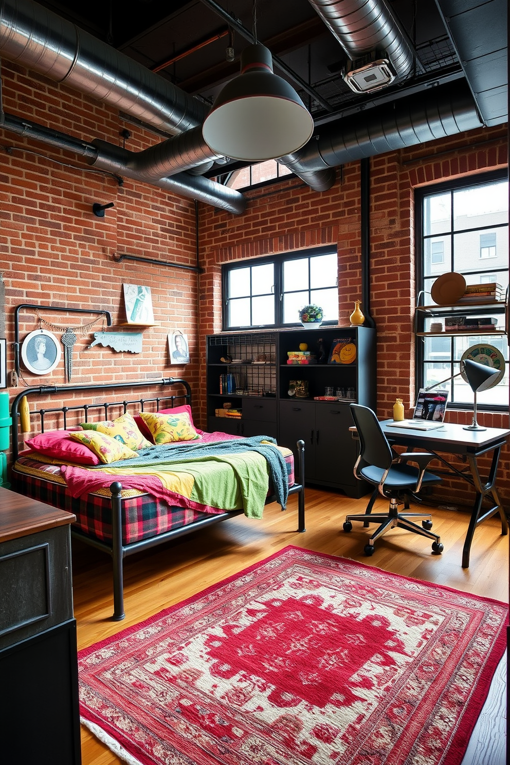 A vibrant teen bedroom featuring industrial style elements. The room includes a metal bed frame with a plush mattress and colorful bedding, complemented by a vintage metal desk with an ergonomic chair. Exposed brick walls add character, while large windows allow natural light to flood the space. A mix of metal fixtures and warm wood accents create a cozy yet edgy atmosphere, with a bold area rug anchoring the design.