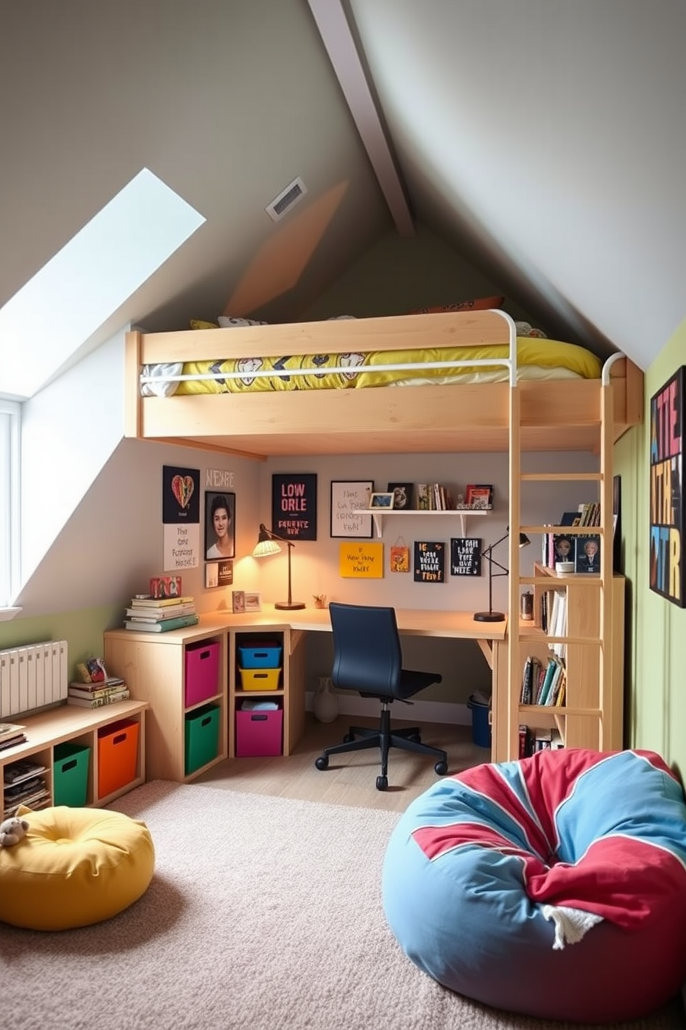 A cozy attic room designed for a teenager features a stylish loft bed that maximizes floor space. Below the bed, a study area is created with a compact desk and a comfortable chair, along with colorful storage bins for organization. The walls are adorned with bright, playful colors and inspirational posters. A cozy reading nook is set up in one corner with a bean bag chair and a small bookshelf, creating a perfect retreat for relaxation and study.