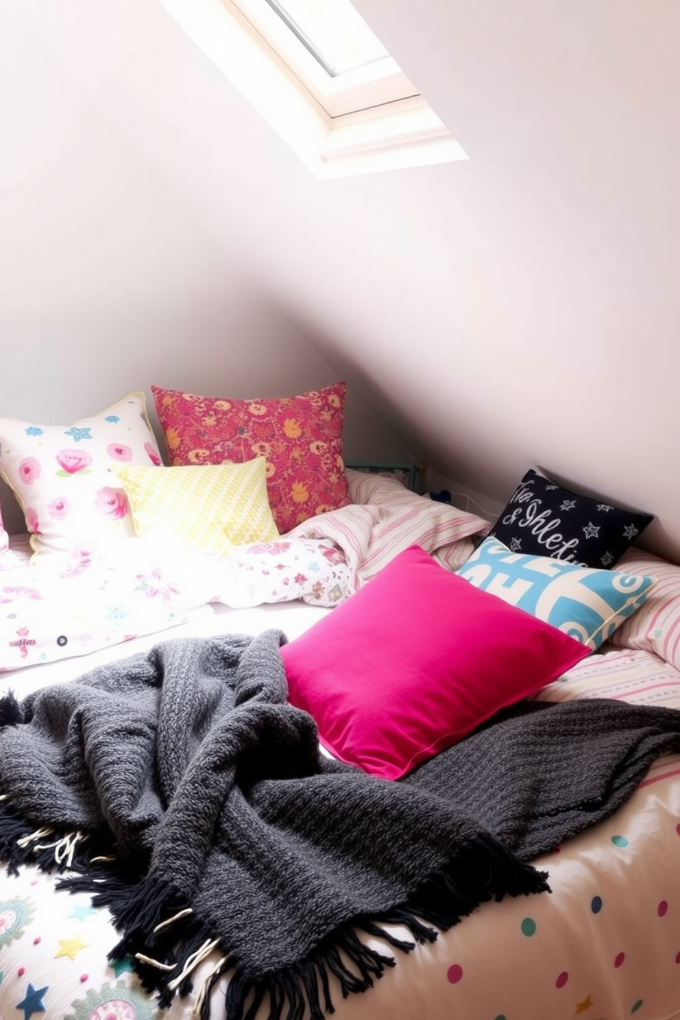 A cozy teenager's attic room features soft bedding adorned with playful patterns and textures that invite relaxation and creativity. The space is illuminated by natural light streaming through a skylight, highlighting a mix of vibrant cushions and a stylish throw blanket on the bed.