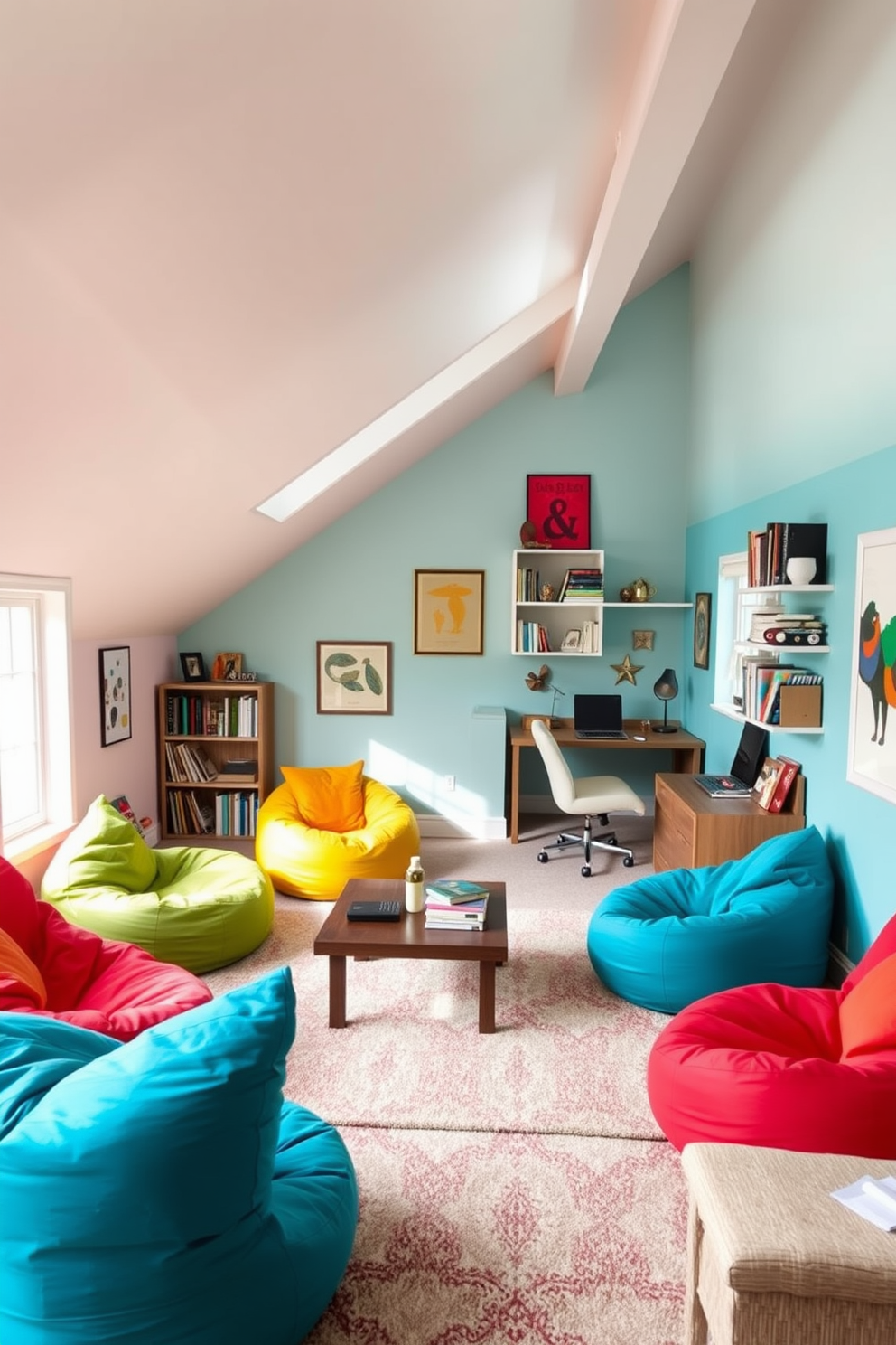 A cozy attic room designed for teenagers features vibrant bean bag chairs scattered around a low coffee table. The walls are painted in a cheerful color, and large windows let in plenty of natural light, creating a welcoming atmosphere. The room includes a study nook with a stylish desk and a comfortable chair, perfect for homework or creative projects. Shelves filled with books and personal items add a touch of personality and warmth to the space.