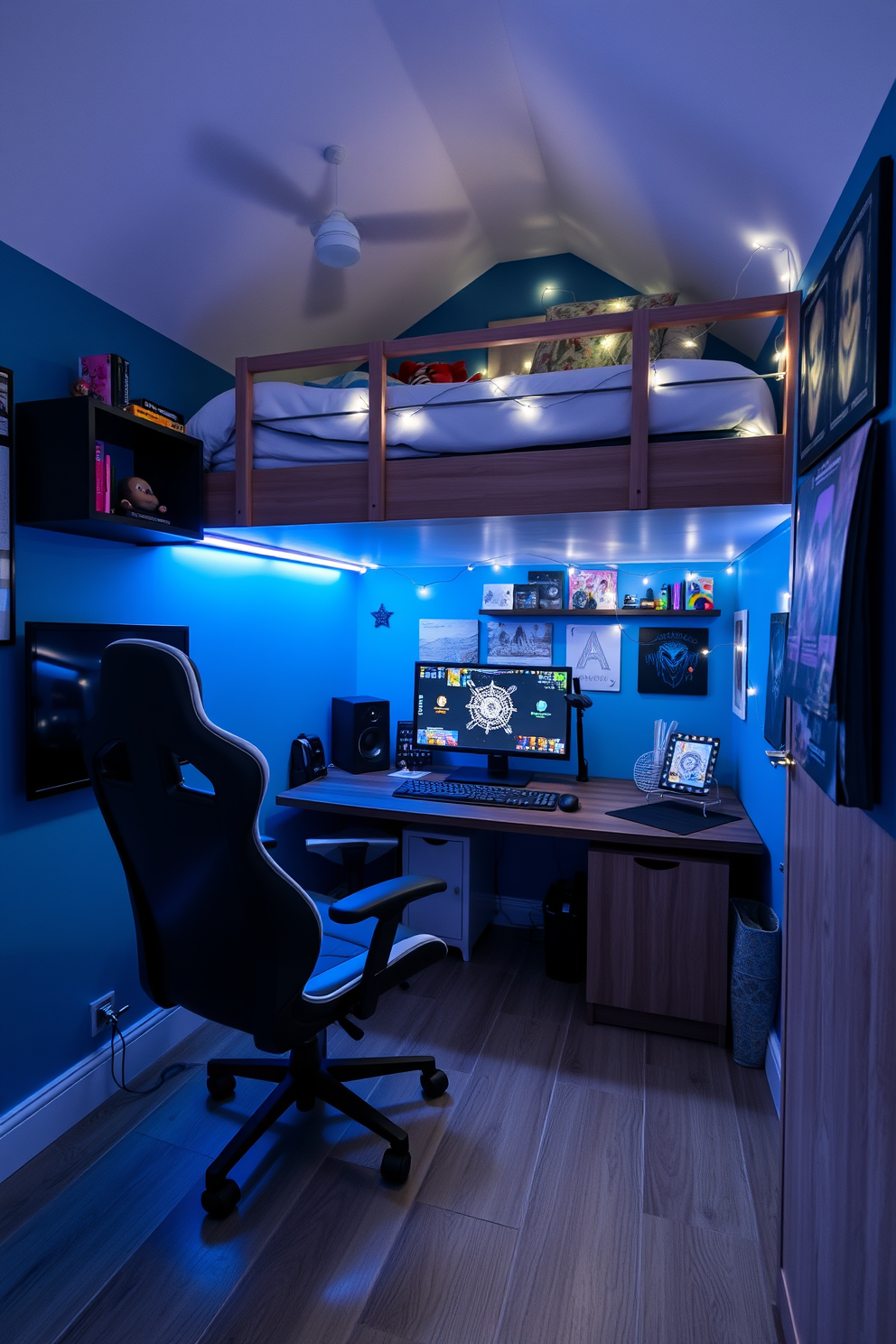 A compact gaming zone featuring a sleek gaming desk with an ergonomic chair. The walls are painted in a vibrant blue, adorned with LED strip lights for a modern touch. A cozy attic room designed for a teenager with a loft bed and a study nook underneath. The space is decorated with colorful posters and fairy lights, creating a fun and inviting atmosphere.