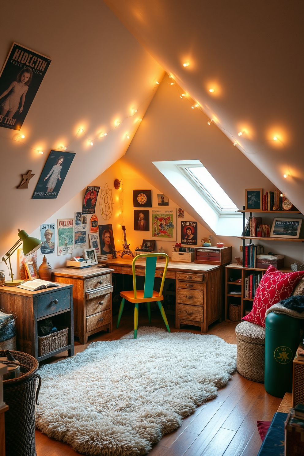 A cozy teenager attic room filled with vintage decor accents. The walls are adorned with retro posters and fairy lights, creating a warm and inviting atmosphere. A reclaimed wood desk sits under a slanted ceiling, paired with a colorful vintage chair. A plush area rug adds comfort, while shelves display unique collectibles and books.