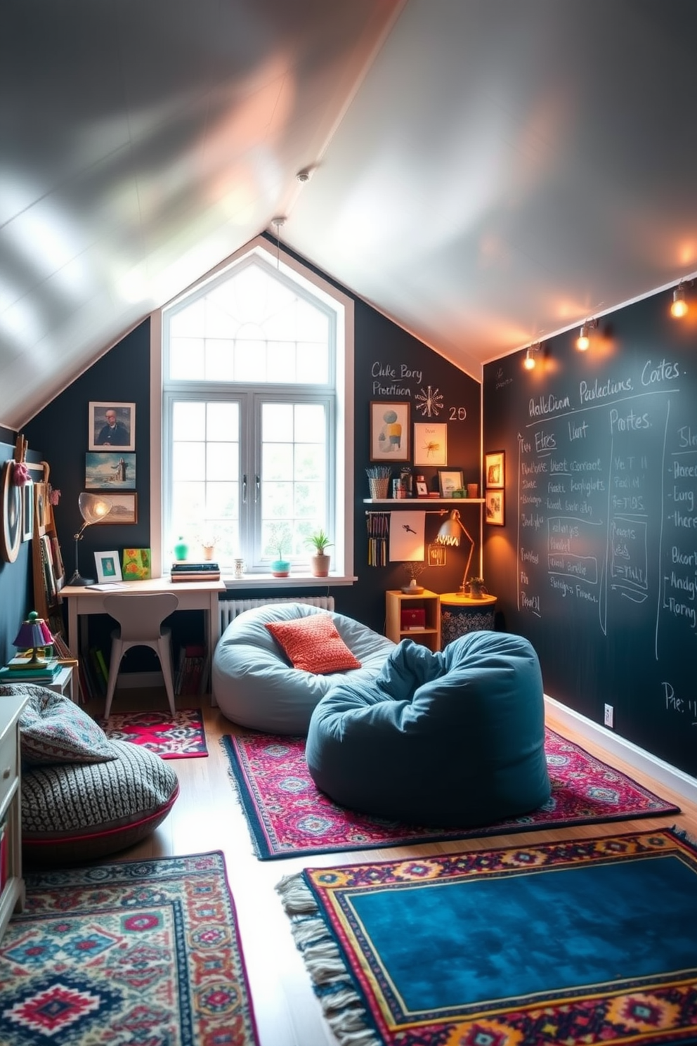 A cozy attic room designed for a teenager features a large chalkboard wall for creativity and notes. The space is filled with soft lighting, a comfortable bean bag chair, and a small desk for studying, creating an inviting atmosphere. The room is decorated with colorful rugs and wall art that reflect the teenager's personality. Large windows allow natural light to flood the space, enhancing the vibrant and inspiring environment.