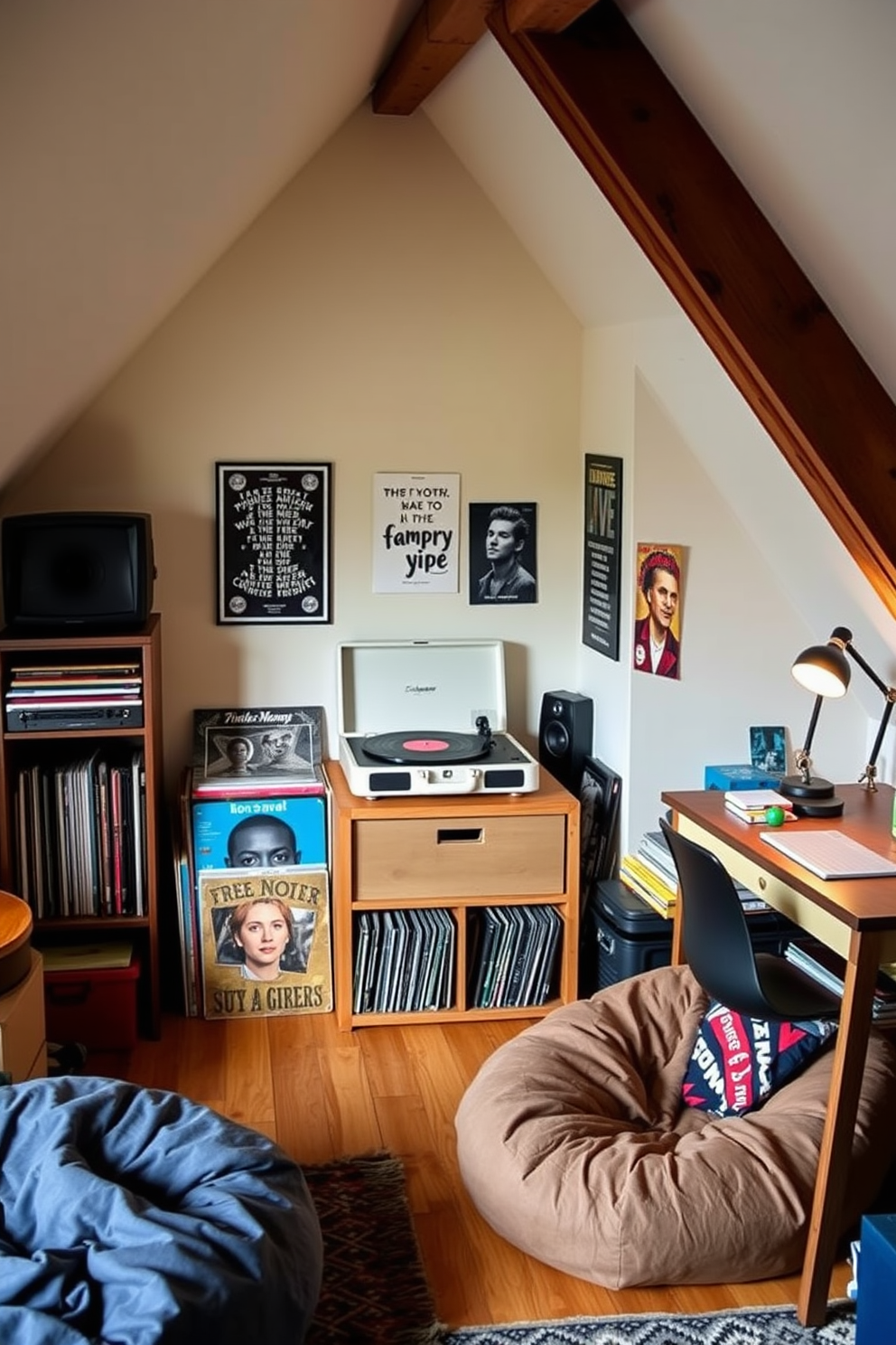 Indie music corner with record player setup. A cozy nook features a vintage record player on a wooden stand surrounded by colorful vinyl records. Teenager attic room design ideas. The space is filled with a mix of modern furniture and eclectic decor, including a bean bag chair and a desk with inspirational posters on the walls.