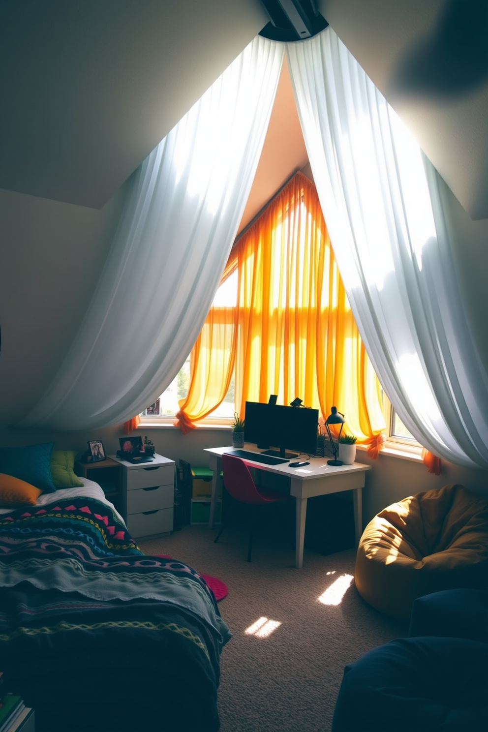 A cozy teenager's attic room filled with bright curtains that enhance natural light streaming through the windows. The space features a comfortable bed with colorful bedding, a study desk with stylish accessories, and a small lounge area with bean bags for relaxation.