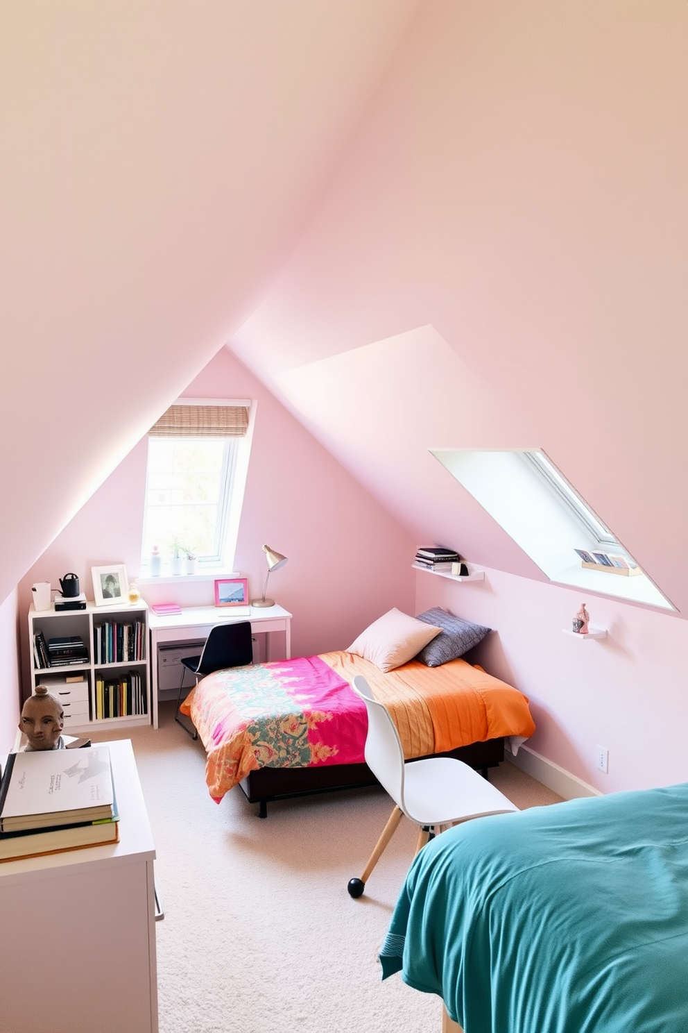 A cozy teenager attic room featuring creative use of mirrors to expand the sense of space. The walls are painted in a soft pastel color, and a large mirror is mounted on one wall, reflecting light and making the room feel larger. The room includes a stylish bed with colorful bedding positioned under a sloped ceiling. A desk with a sleek chair is placed near the window, surrounded by shelves filled with books and personal items, creating an inviting and functional atmosphere.