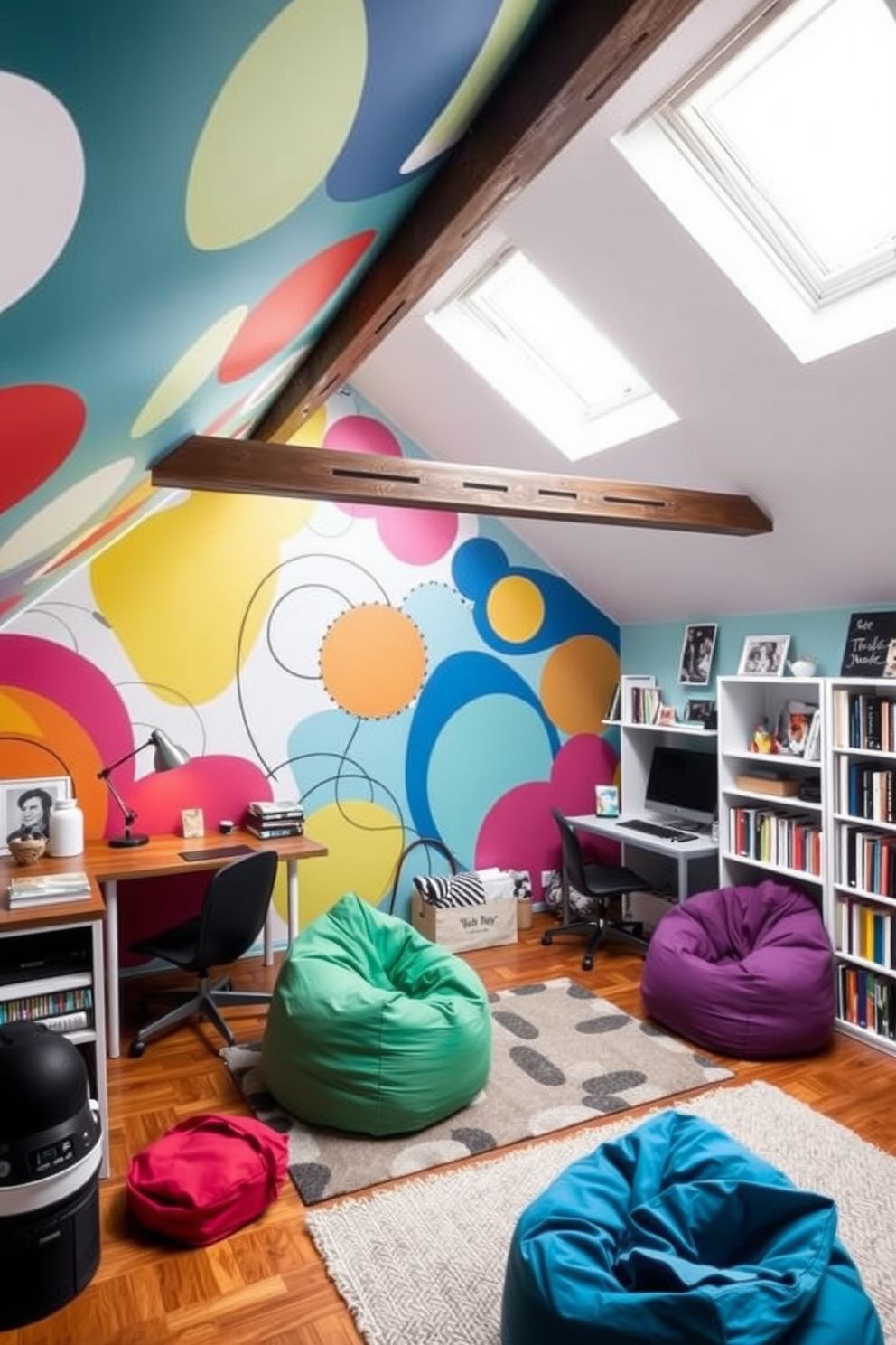 A colorful mural wall featuring abstract designs and bright hues creates a vibrant atmosphere in the teenager's attic room. The space is adorned with cozy bean bags, a stylish desk for studying, and shelves filled with books and personal memorabilia.