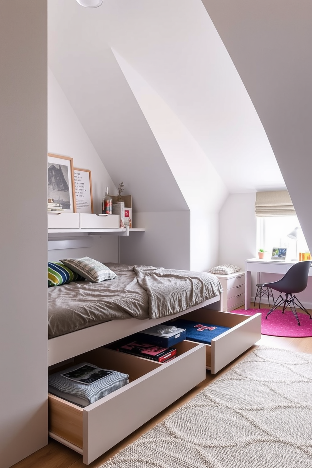 Under bed storage for organization and tidiness. The space features a minimalist bed frame with built-in drawers that seamlessly blend into the design, maximizing storage without sacrificing style. Teenager attic room design ideas. The room is bright and airy with sloped ceilings, featuring a cozy reading nook by the window and a study area with a modern desk and vibrant decor.