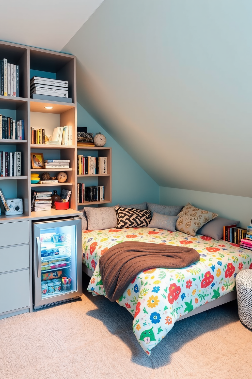 A cozy teenager attic room designed for relaxation and creativity. The space features a mini fridge for snacks and drinks convenience, seamlessly integrated into a stylish corner. The walls are painted in a soft pastel color, creating a calming atmosphere. A comfortable bed with colorful bedding sits beneath a sloped ceiling, surrounded by shelves filled with books and personal items.