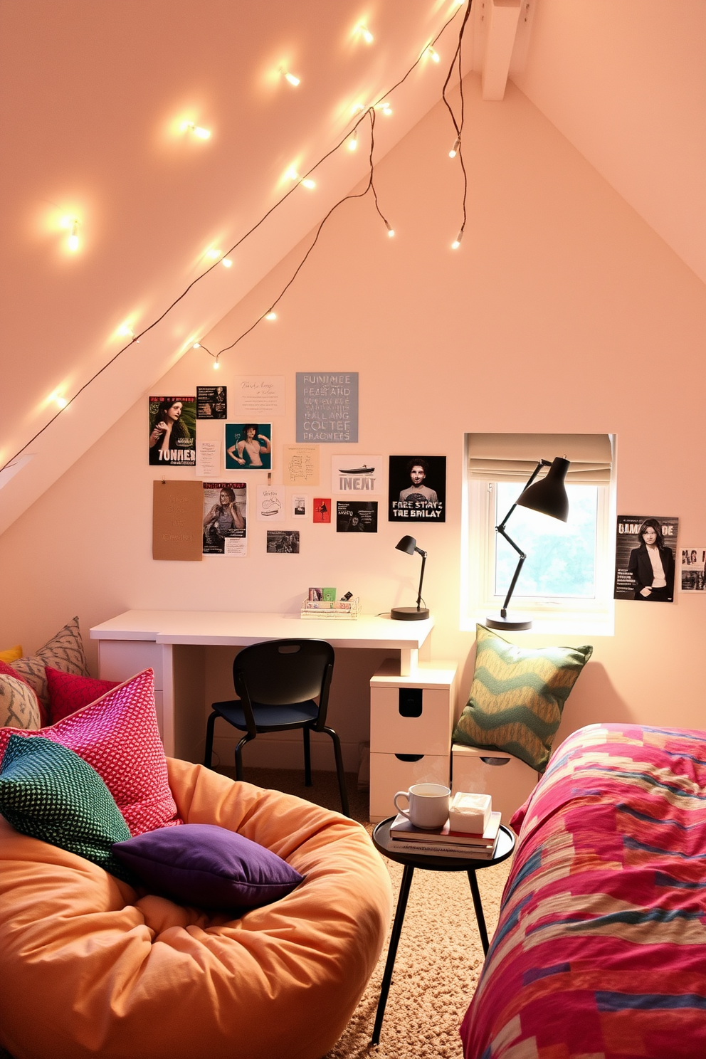 Cozy corner with fairy lights and pillows. This space features a plush bean bag chair surrounded by an array of colorful throw pillows, creating an inviting atmosphere. Soft fairy lights are draped overhead, casting a warm glow in the corner. A small side table holds a stack of books and a steaming mug, enhancing the cozy vibe. Teenager attic room design ideas. The room is designed with a sloped ceiling and includes a comfortable bed with a vibrant duvet cover. A study nook with a stylish desk is positioned under the window, allowing for natural light. The walls are adorned with posters and personal artwork, reflecting the teenager's personality.