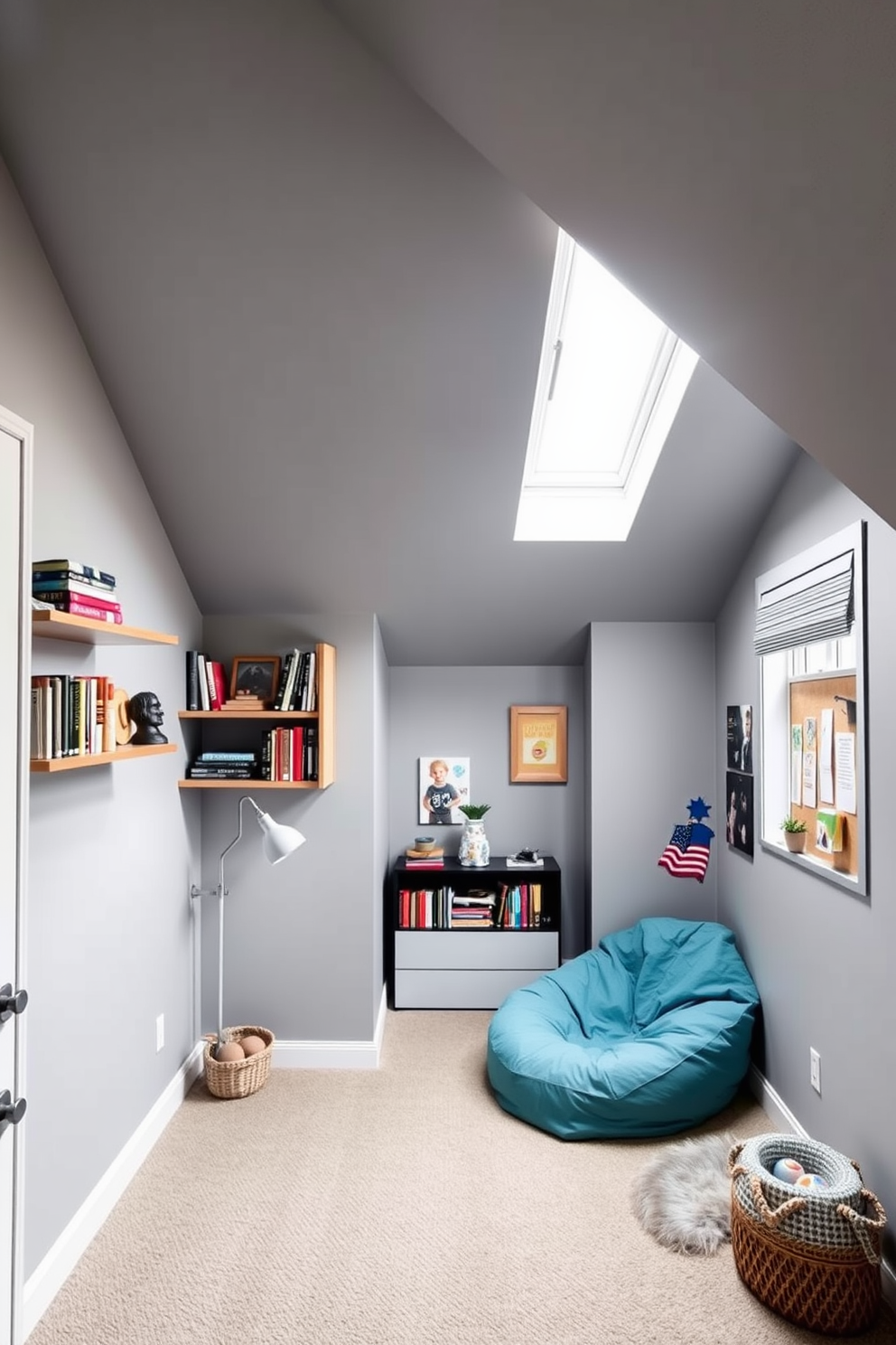 A modern attic room designed for a teenager features floating shelves that showcase books and personal items. The walls are painted in a light gray, creating a spacious feel, while a cozy reading nook with a bean bag chair is positioned under a skylight. The room is accented with colorful decor that reflects the teenager's personality. A sleek desk is placed near the window for studying, complemented by a stylish desk lamp and a bulletin board for inspiration.