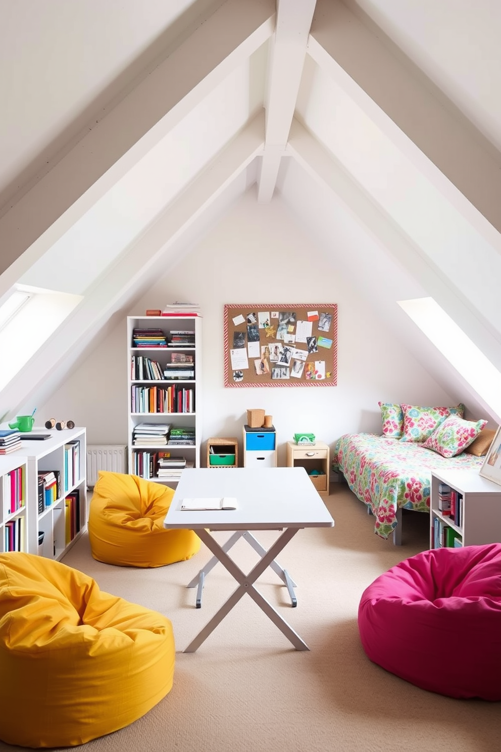 A folding table is positioned in the center of the room, providing flexible workspace options for study or creative projects. Surrounding the table are colorful bean bag chairs and shelves filled with books and art supplies, creating an inviting atmosphere. The attic room features sloped ceilings with exposed beams, painted in a soft white to enhance the natural light. A cozy bed with vibrant bedding is tucked into one corner, while a bulletin board filled with photos and inspiration adds a personal touch to the space.