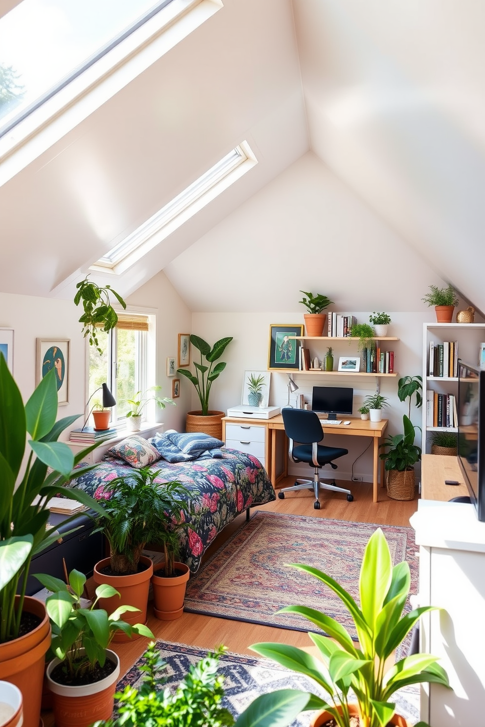 A cozy teenager attic room designed with a sloped ceiling and large windows allowing natural light to flood in. The space features a comfortable bed with colorful bedding, a study desk with a stylish chair, and shelves filled with books and personal decorations. Potted plants are strategically placed around the room to bring a touch of nature indoors. The plants vary in size and type, creating a vibrant atmosphere that enhances the overall aesthetic of the attic space.