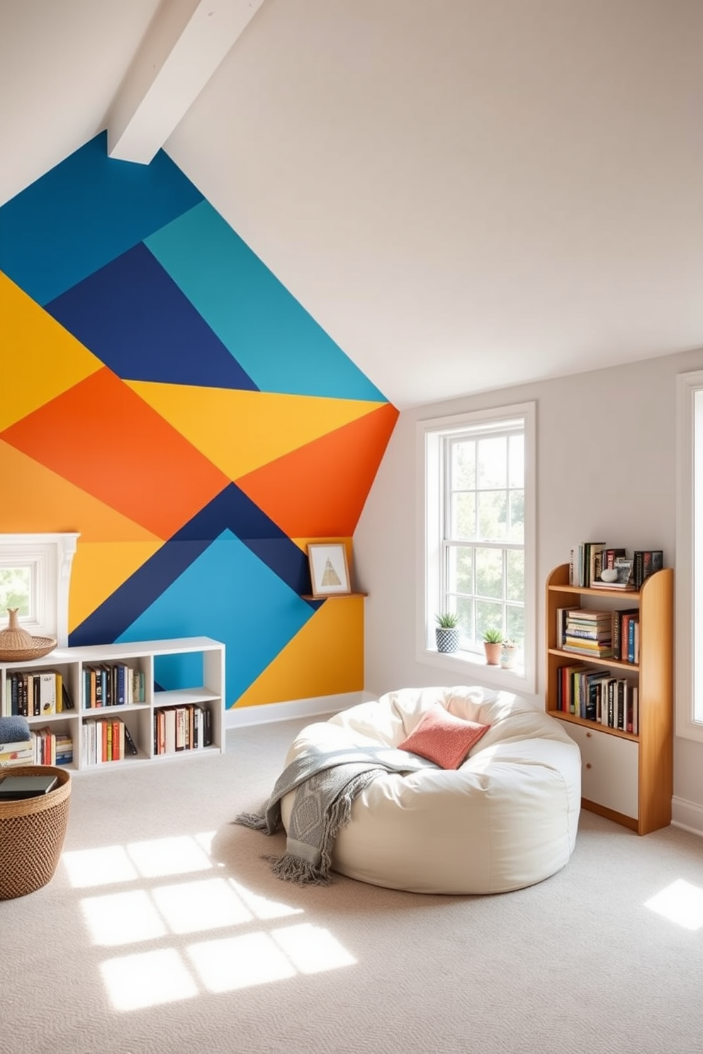 A vibrant and colorful accent wall serves as the focal point, featuring a bold geometric pattern in shades of blue, orange, and yellow. The rest of the room is painted in a soft white to enhance the brightness and energy of the accent wall. The attic room is designed with a cozy reading nook, complete with a comfortable bean bag chair and a small bookshelf filled with favorite novels. Large windows allow natural light to flood the space, creating an inviting atmosphere perfect for relaxation and creativity.