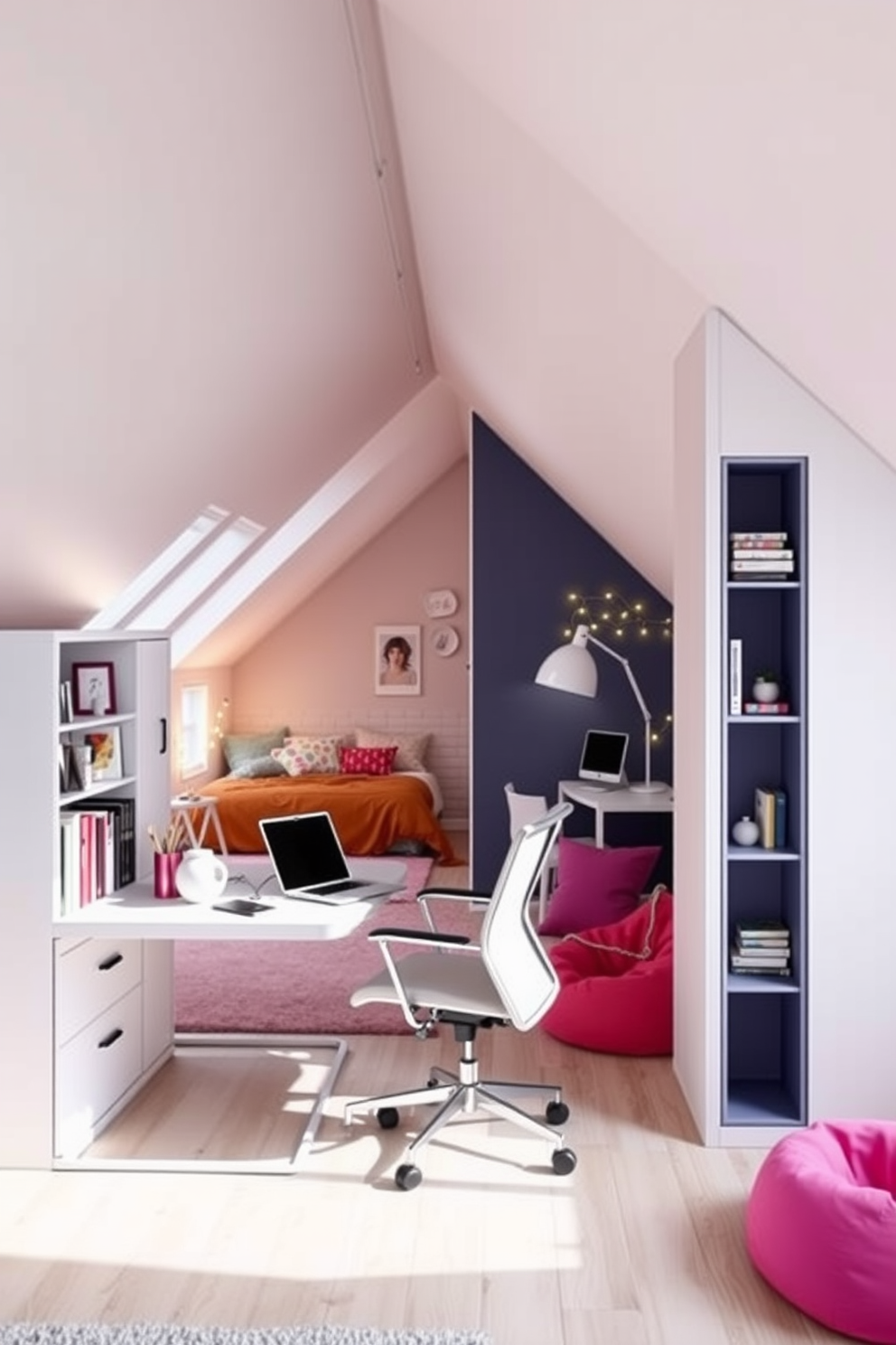 A stylish desk area for studying efficiently features a sleek modern desk with a built-in bookshelf on one side. The desk is adorned with a minimalist lamp, a laptop, and a few decorative stationery items, while a comfortable ergonomic chair complements the setup. Teenager attic room design ideas showcase a cozy and vibrant space with sloped ceilings and large windows. The design includes a bed with colorful bedding, a study nook with a desk, and a lounge area with bean bags and fairy lights for a playful atmosphere.