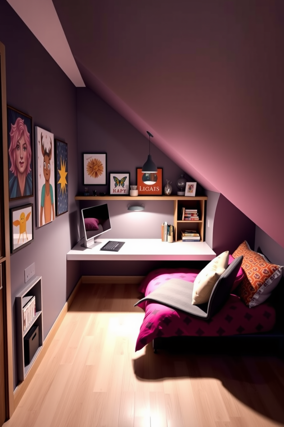 A stylish wall-mounted desk is positioned against the sloped ceiling, providing an efficient workspace that maximizes floor space. The desk is complemented by a comfortable chair and surrounded by colorful wall art that reflects the teenager's personality. The room features a cozy bed tucked into the corner with vibrant bedding and plush pillows. Soft lighting from a hanging pendant lamp creates a warm ambiance, while a small bookshelf filled with books and decorative items adds a personal touch.