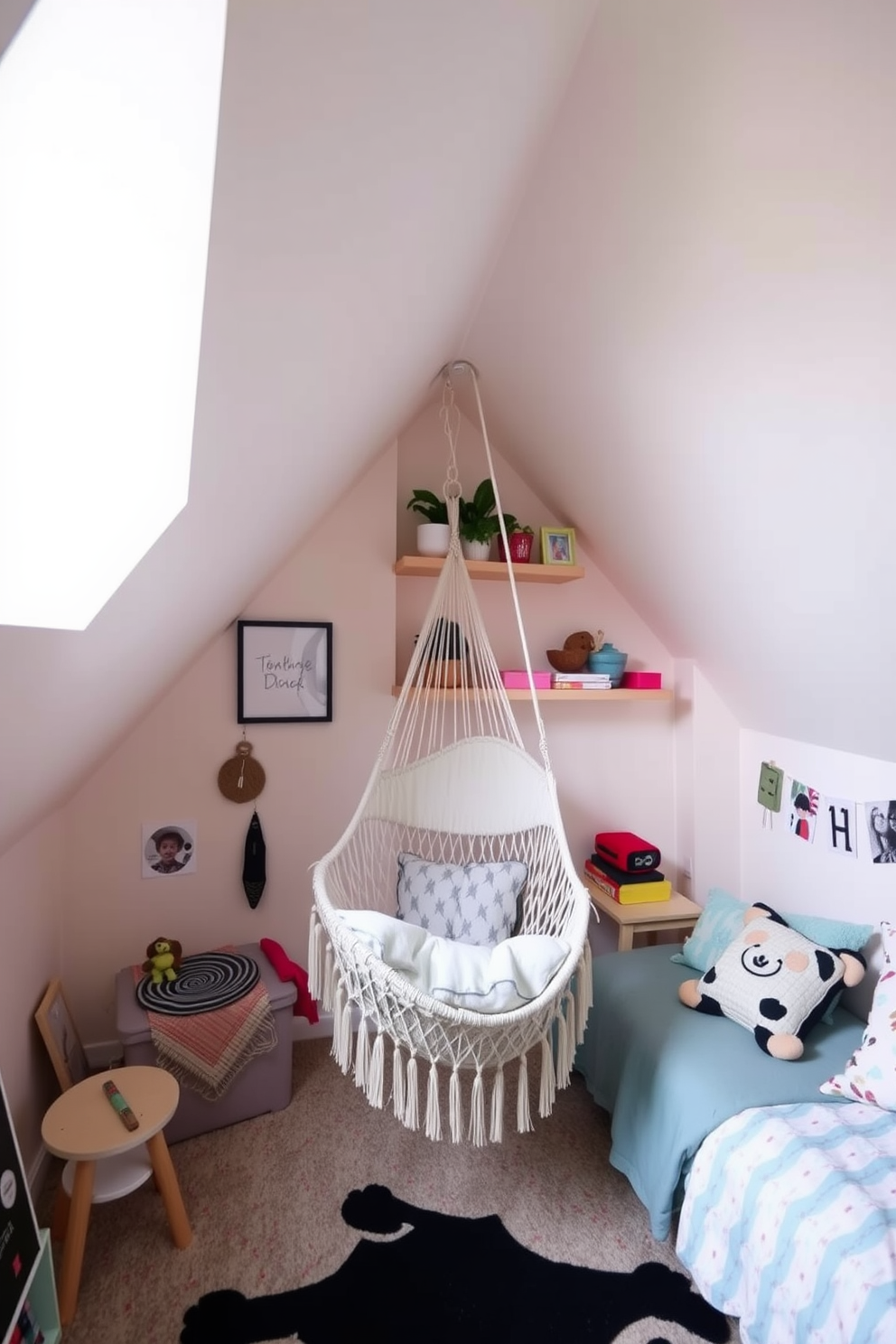 A cozy attic room designed for a teenager features a stylish hammock chair suspended from the ceiling, perfect for relaxing and lounging. The walls are painted in a soft pastel color, with playful decor elements that reflect the teenager's personality and interests.