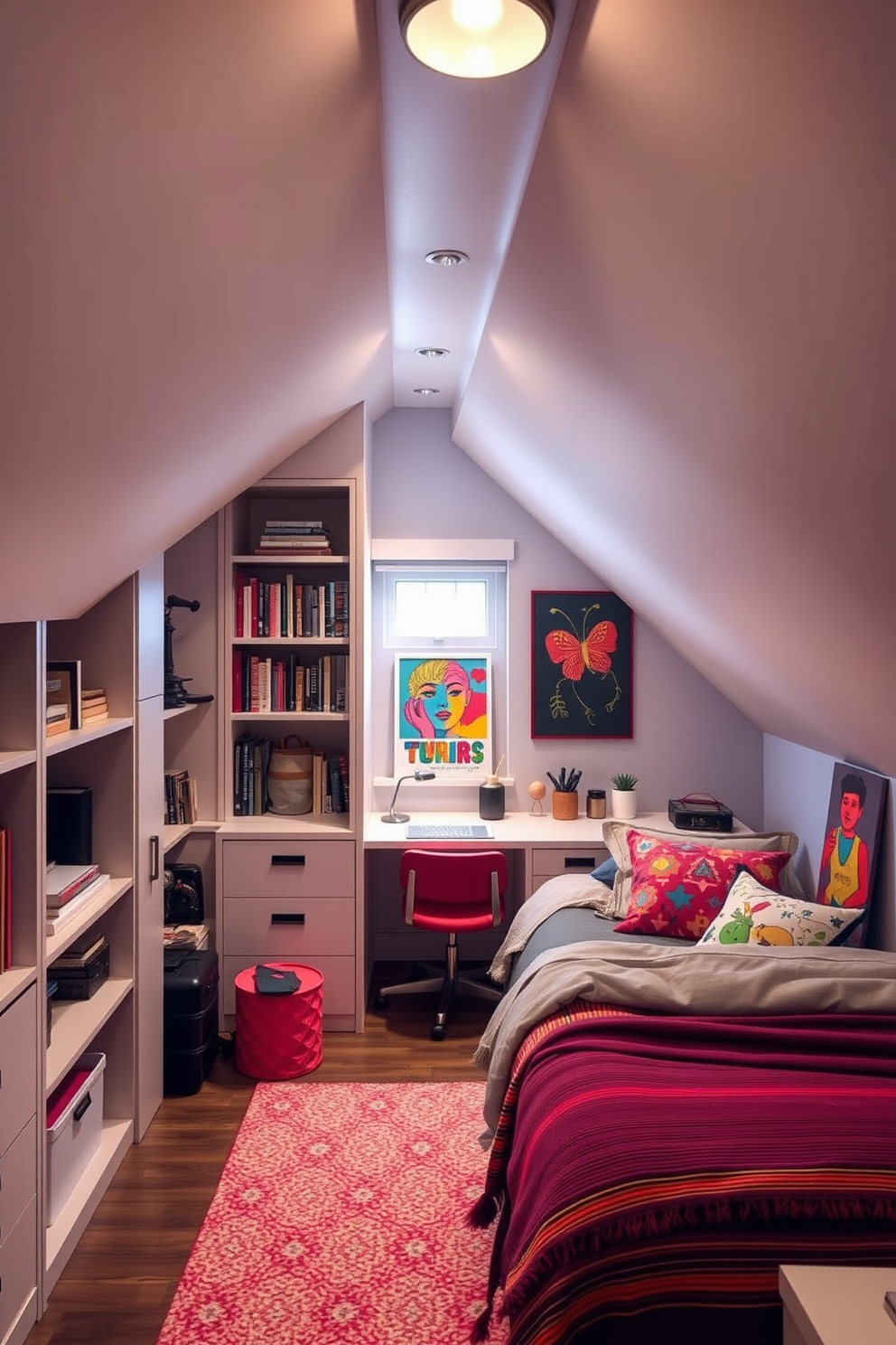 A cozy teenager's attic room featuring sleek storage solutions under sloped ceilings. Built-in shelves line the walls, providing ample space for books and personal items, while a compact desk fits perfectly into the corner for studying. The room is adorned with vibrant decor that reflects the teenager's personality, including colorful wall art and a comfortable bed with layered bedding. Soft lighting fixtures create a warm ambiance, making the space inviting and functional for relaxation and creativity.