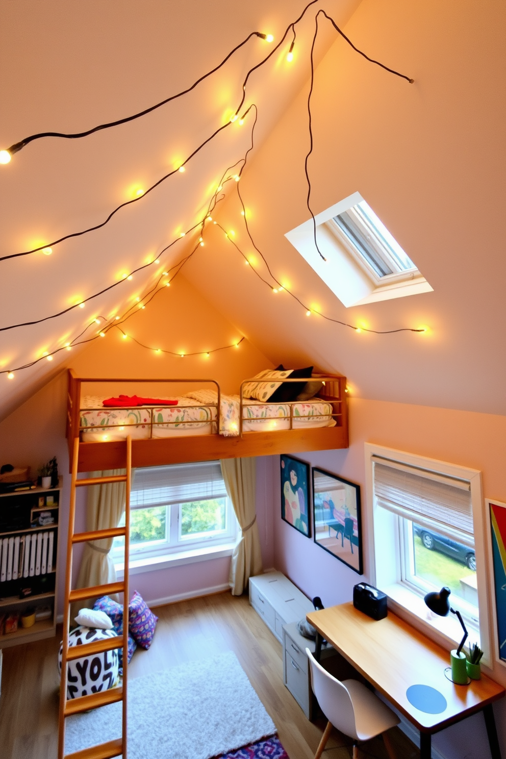 Trendy string lights create a warm and inviting atmosphere in the room. They are draped across the ceiling and around the windows, casting a soft glow throughout the space. The teenager's attic room features a stylish loft bed with colorful bedding and a cozy reading nook beneath. A desk with modern design elements and vibrant wall art enhances the creative vibe of the room.