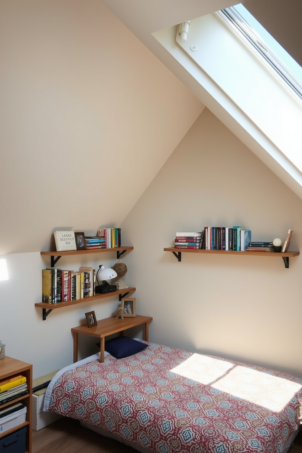 A cozy teenager attic room featuring wall-mounted shelves for displaying books. The shelves are made of reclaimed wood and are filled with a mix of colorful books and decorative items, creating a personal and inviting atmosphere. The walls are painted in a soft pastel color, enhancing the natural light that filters through the skylight. A comfortable bed with a patterned duvet is positioned beneath the sloped ceiling, complemented by a small study area with a desk and chair.