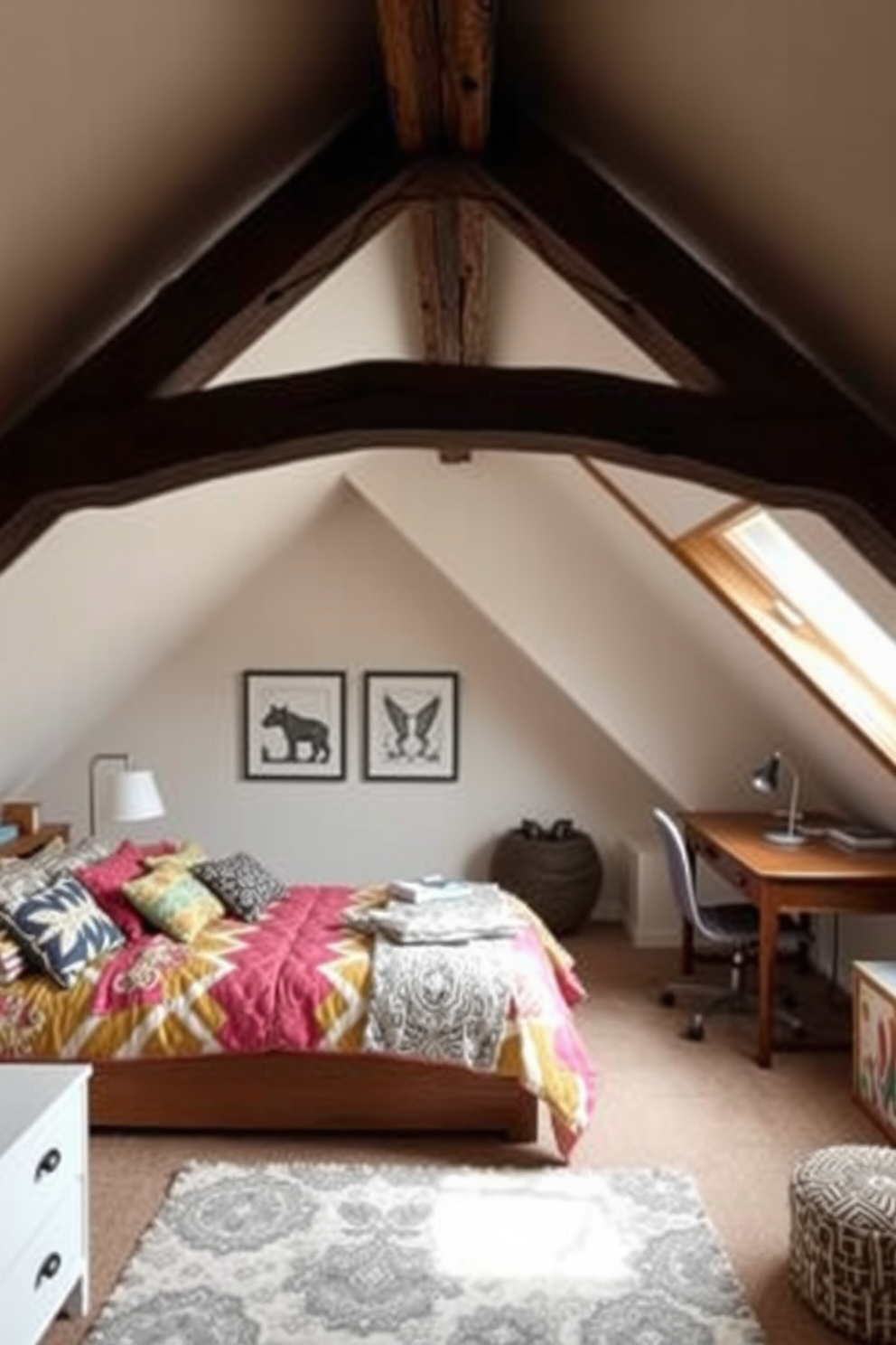 A cozy attic room designed for a teenager with rustic wood beams that add charming character. The space features a comfortable bed with colorful bedding and a study area with a desk and a stylish chair under the sloped ceiling.