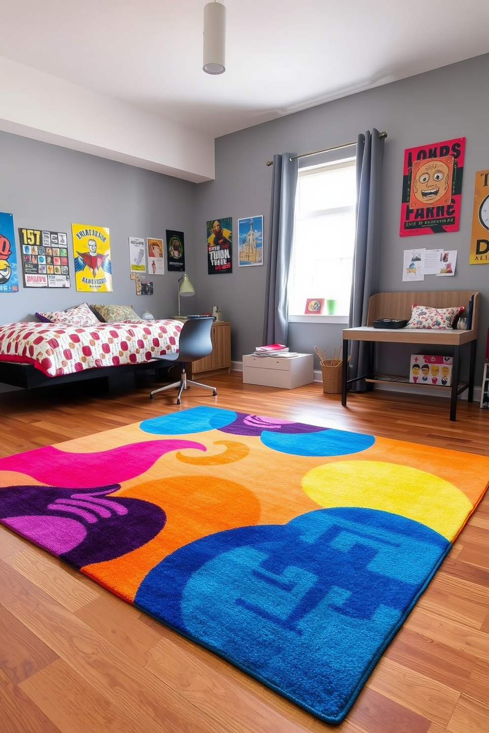 A bright area rug in vibrant colors lays on the wooden floor, creating a cozy atmosphere in the room. The walls are painted in a soft gray tone, accented with colorful posters and artwork that reflect the teenager's personality. A comfortable bed with a stylish headboard is positioned against one wall, adorned with patterned bedding that complements the rug. A small desk with a sleek chair is placed near a window, providing a perfect study nook filled with natural light.