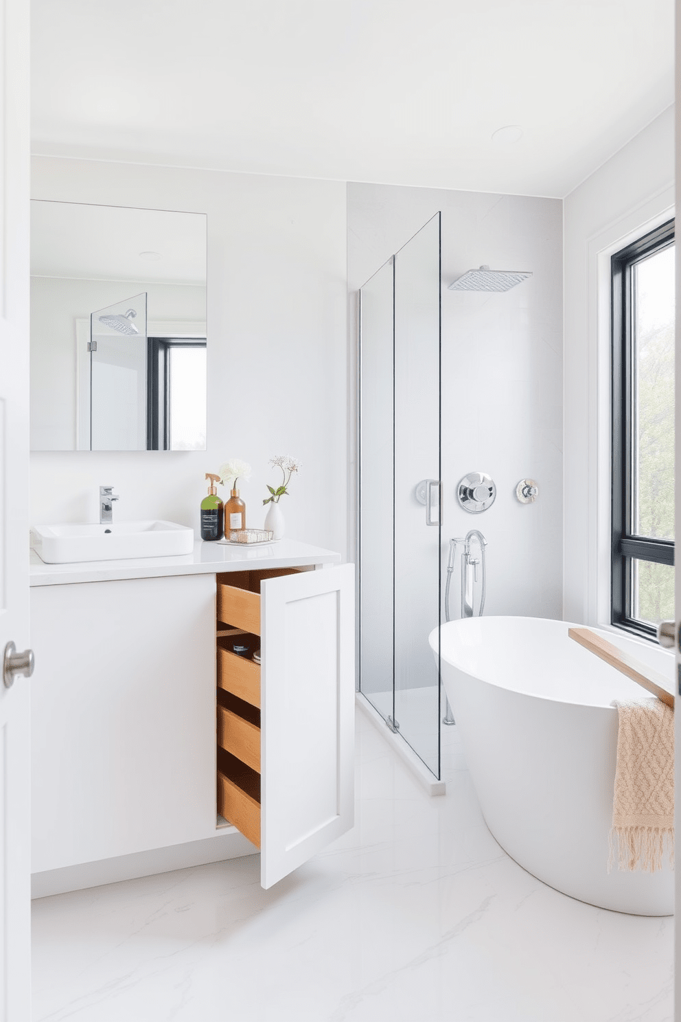 Under-sink storage solutions for organization. A sleek cabinet with pull-out drawers maximizes space while keeping toiletries neatly arranged. Three-quarter bathroom design ideas. The space features a walk-in shower with glass doors and a stylish freestanding tub beside a large window for natural light.