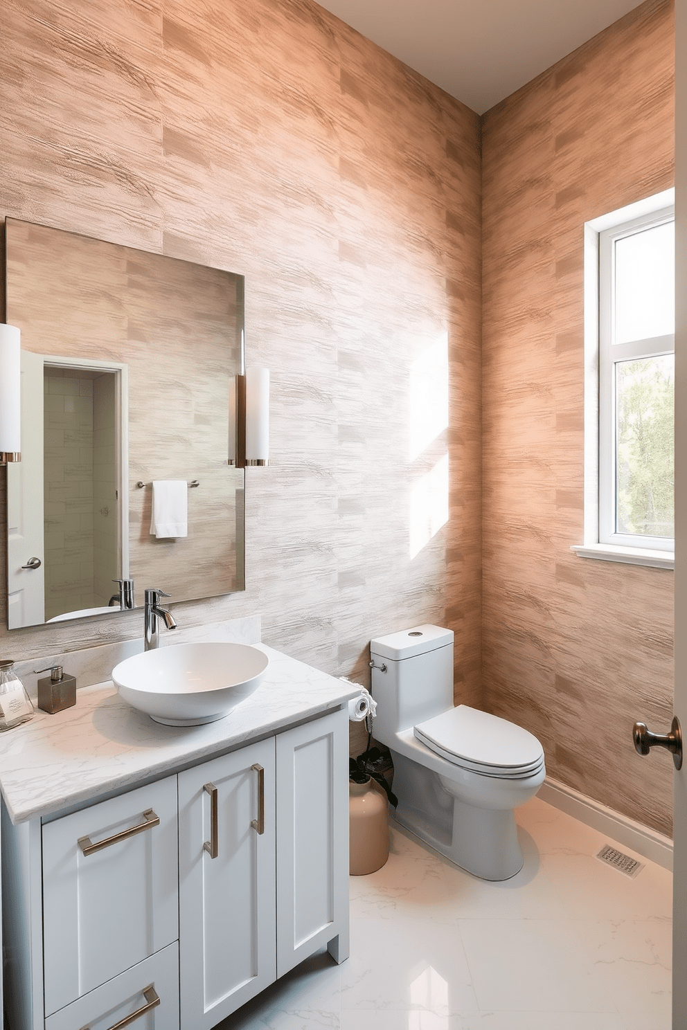 A luxurious three-quarter bathroom featuring textured wallpaper that adds depth and character to the space. The wallpaper is a soft taupe with subtle metallic accents, creating a warm and inviting atmosphere. The design includes a sleek white vanity with a quartz countertop and a stylish vessel sink. A large frameless mirror reflects the natural light from a nearby window, enhancing the room’s spacious feel.