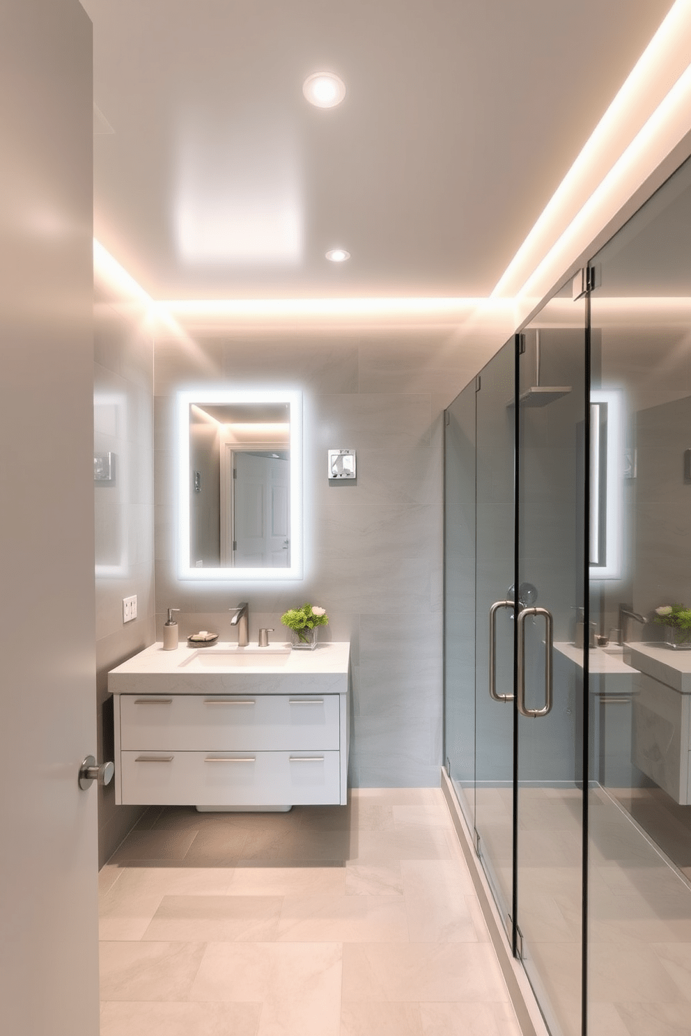 A contemporary three-quarter bathroom featuring recessed lighting that creates a sleek and modern atmosphere. The space includes a floating vanity with a quartz countertop and a large, frameless shower enclosure with glass doors. The walls are adorned with large-format tiles in a soft gray tone, enhancing the room's spacious feel. A stylish backlit mirror above the vanity complements the overall design, while elegant fixtures in brushed nickel add a touch of sophistication.