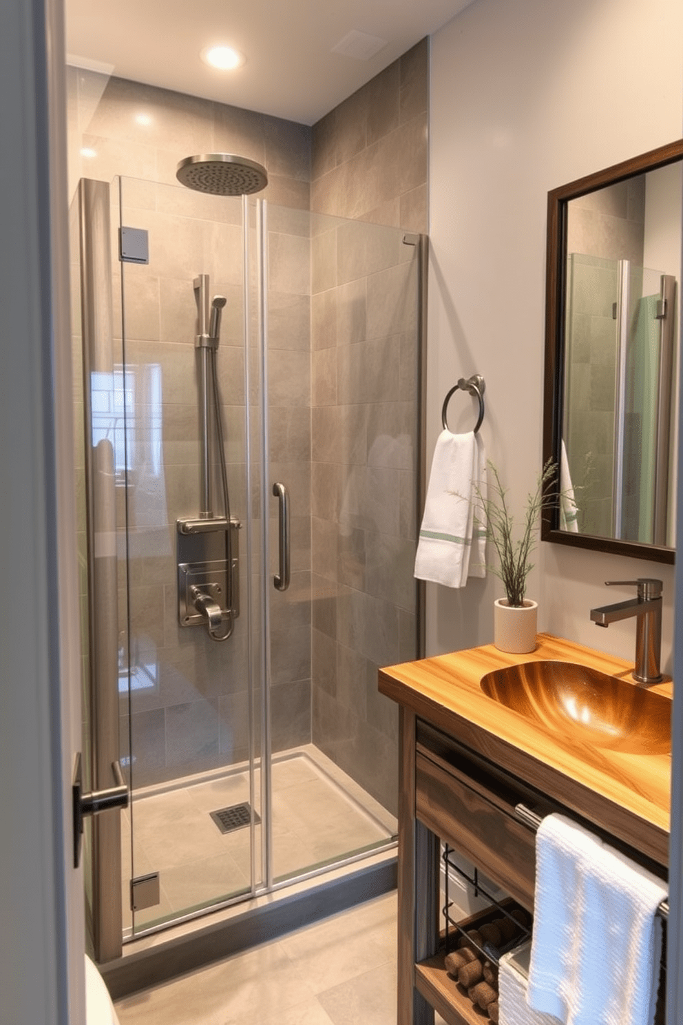 A modern three-quarter bathroom featuring eco-friendly materials and fixtures. The shower is enclosed with glass doors and has a rain showerhead made from recycled materials. The vanity is crafted from reclaimed wood with a sustainable bamboo countertop. Energy-efficient LED lighting illuminates the space, highlighting the natural textures of the decor.